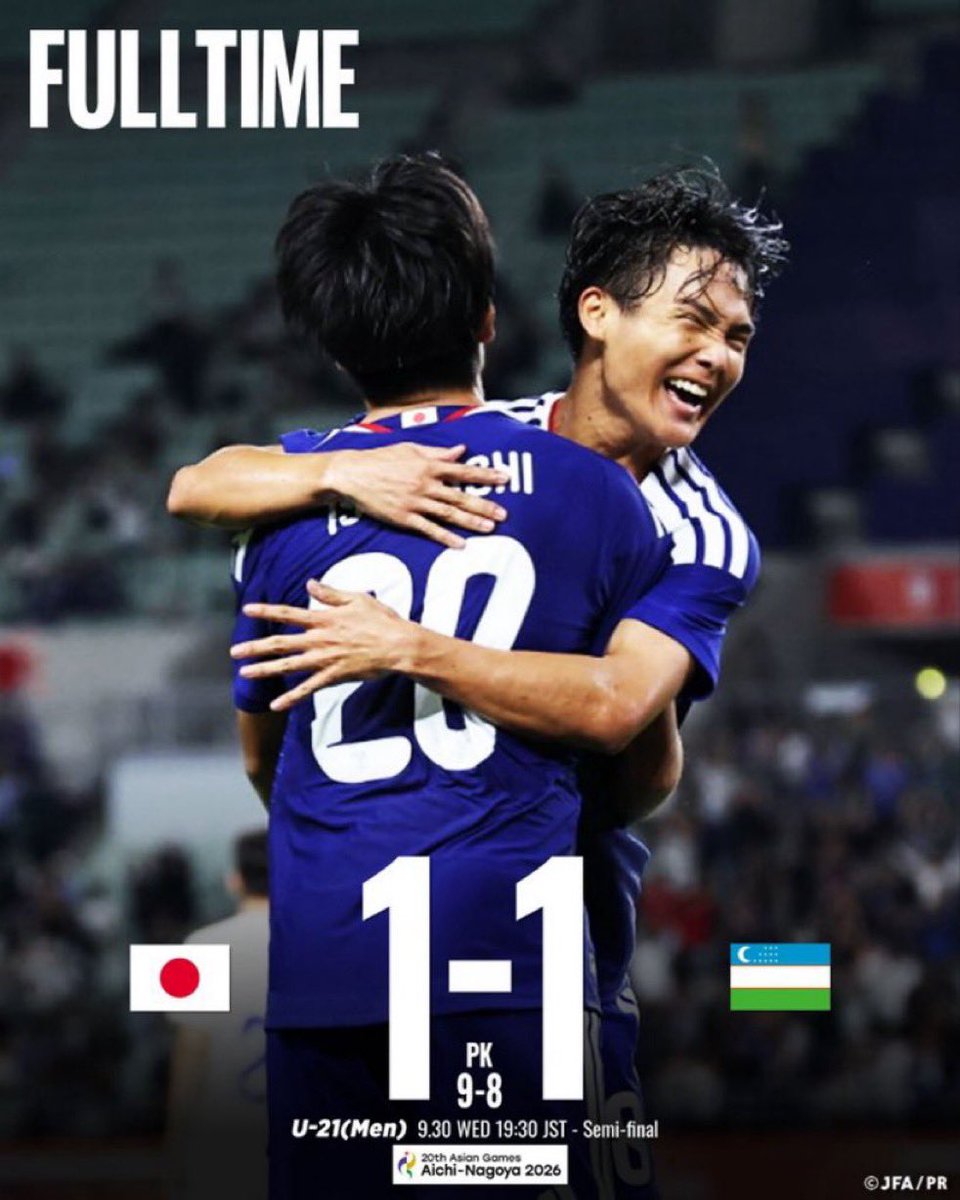 Fooootest's tweet photo. 【試合終了】

🇯🇵U21日本 1-1(9-8)ウズベキスタン🇺🇿

激闘のPKを制した日本が決勝進出🔥🔥

16年ぶりの大会制覇まであと1勝☝️

📸@jfa_samuraiblue https://t.co/eL45fsLZL9