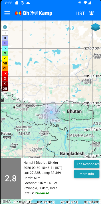 NCS_Earthquake's tweet photo. EQ of M: 2.8, On: 30/09/2026 18:43:41 IST, Lat: 27.335 N, Long: 88.469 E, Depth: 6 Km, Location: Namchi District, Sikkim. 
For more information Download the BhooKamp App 
https://t.co/5gCOtjdtw0 
@DrJitendraSingh 
@OfficeOfDrJS 
@tummalasrini  
@GSuresh_NCS 
@ndmaindia https://t.co/RBxG07FHgj