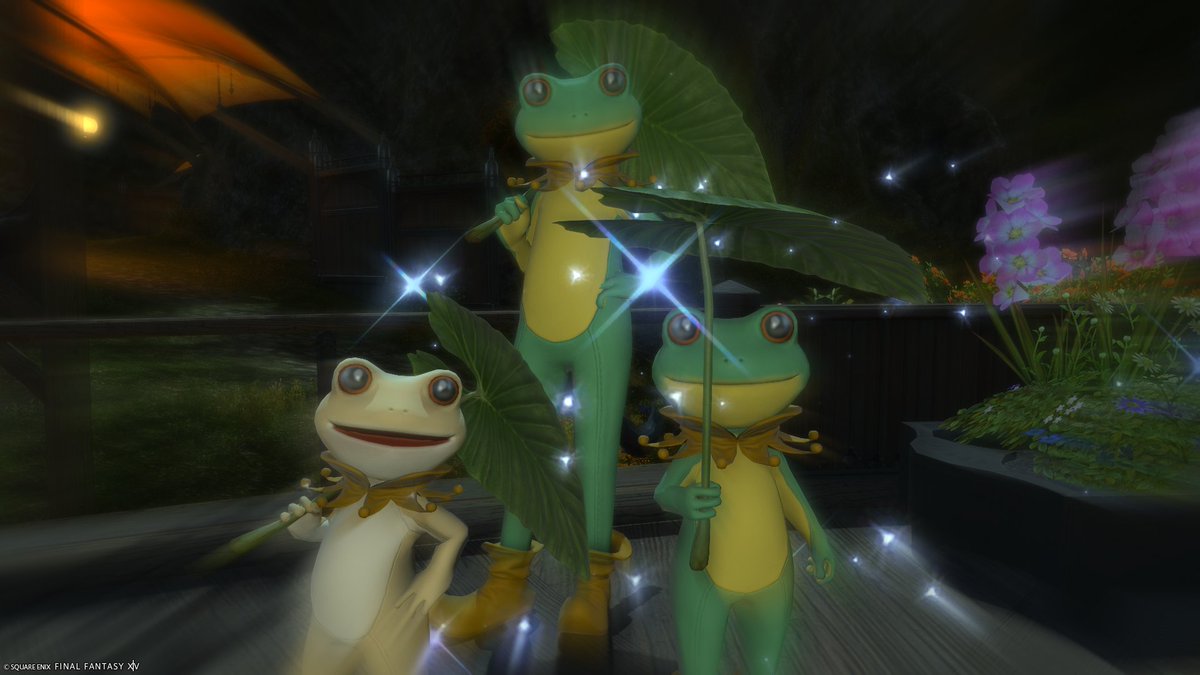 RikoLunaFF14's tweet photo. フレと🐸と葉っぱでお揃いコーデ

ついいつもの癖でホラーな感じに撮ってしまった😅
エフェクトとライティングって凄いよね https://t.co/9JHzrYPY7f