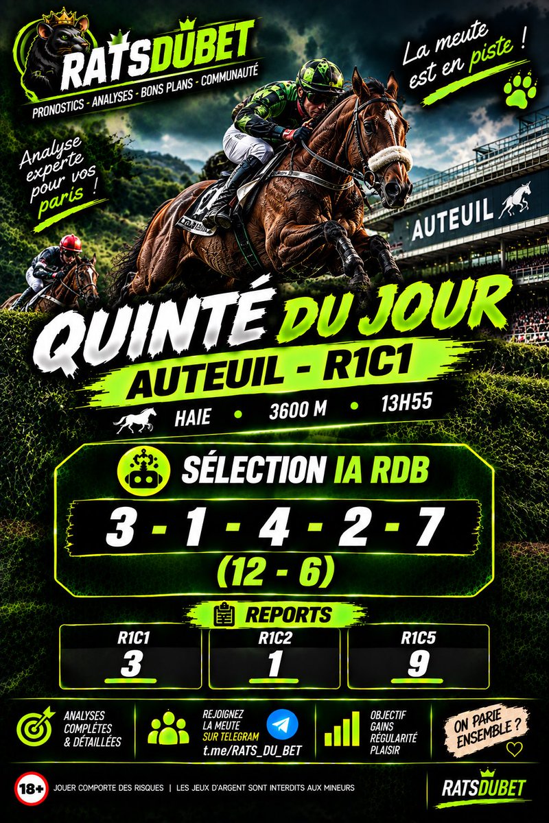 RATSDUBET's tweet photo. 🏇🔥 QUINTÉ DU JOUR — AUTEUIL 13H55

📍 R1C1 • Haie • 3600m

🤖 IA RDB : 3-1-4-2-7 (12-6)

📌 REPORTS :
R1C1 ➜ 3️⃣
R1C2 ➜ 1️⃣
R1C5 ➜ 9️⃣

🐀 La meute est en piste ! 🔥

#Quinte #Auteuil #Turf #IARDB #RATSDUBET https://t.co/uwifme6IYP