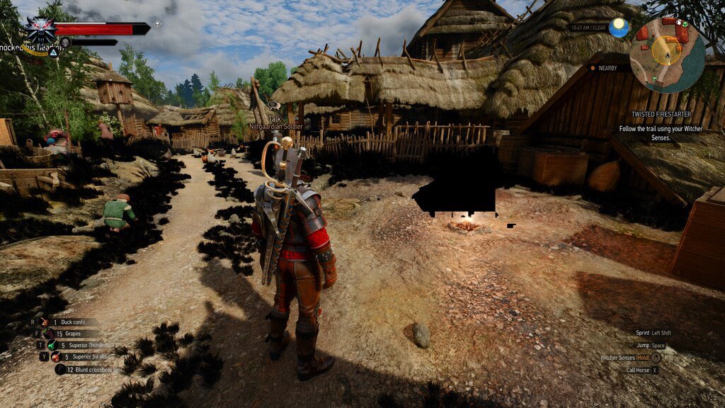 Prowlenson's tweet photo. Seems to be very minor graphical issues going on. Textures don’t appear right and particles are “missing” or something. Been playing on Ultra+ settings and no real lag or drop in frame rate. Just this. Hopefully this’ll be fixed soon @CDPROJEKTRED https://t.co/Up31YYBGSL