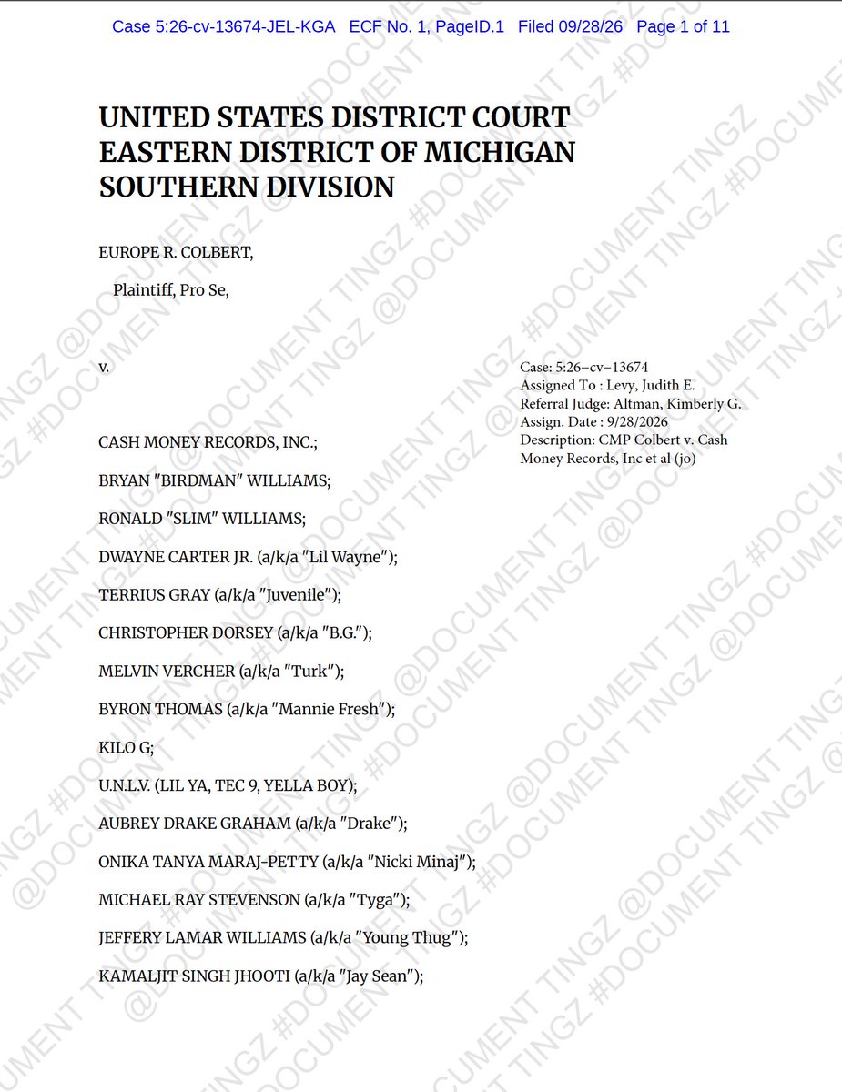 DocumentTingz's tweet photo. ⚖️NEW FILING⚖️A Michigan woman has filed a NEW FEDERAL LAWSUIT against Cash Money Records and numerous major music-industry figures, including Birdman, Slim, Lil Wayne, Drake and Nicki Minaj.

Europe R. Colbert filed the lawsuit PRO SE in the U.S. District Court for the Eastern District of Michigan.

The defendants named include👇🏾👇🏾👇🏾
• Cash Money Records
• Bryan “Birdman” Williams
• Ronald “Slim” Williams
• Lil Wayne
• Juvenile
• B.G.
• Turk
• Mannie Fresh
• Drake
• Nicki Minaj
• Tyga
• Young Thug
• Jay Sean
• DJ Khaled
• Limp Bizkit
• Mack Maine
• Lil Twist
• Jacquees
• Blueface
• 9lokkNine
• Kilo G
• U.N.L.V.
• And several additional artists and alleged affiliates

Colbert alleges that the defendants participated in what she describes as a coordinated campaign involving👇🏾👇🏾👇🏾
• UNLAWFUL ELECTRONIC SURVEILLANCE
• Hidden cameras inside her residence
• Interception of private communications
• Commercial use of her personal experiences
• Misappropriation of her identity
• Harassment
• Copyright strikes and platform takedowns
• Interference with her employment and business opportunities
• A racketeering enterprise involving private surveillance material

According to the complaint, Colbert alleges that hidden cameras and electronic surveillance devices were secretly installed inside her Warren, Michigan residence and captured intimate audio and video without her knowledge or consent.

She further alleges that the defendants obtained and transported intercepted communications and surveillance material across state lines for commercial exploitation, licensing and public distribution.
Colbert claims the defendants used details from her private life, personal trauma and alleged surveillance footage in commercially distributed entertainment content.

One allegation concerns what she describes as deliberate copying of imagery involving TWO WHITE VEHICLES and rooftop locations after she posted similar material online.

She also alleges that commercially released music contained lyrics describing details of her past sexual assault and private surveillance.

The complaint asserts FOUR categories of claims👇🏾👇🏾👇🏾
1. LANHAM ACT
Colbert alleges that defendants commercially exploited her identity, personal experiences and narrative in a way that falsely implied endorsement, sponsorship or affiliation.

2. FEDERAL WIRETAP ACT
She alleges that defendants intentionally intercepted, received, disclosed and commercially used communications and surveillance data taken from her home and electronic devices.

3. CIVIL RICO
Colbert alleges that the defendants operated as an enterprise engaged in a pattern of racketeering activity, including alleged wire fraud and interstate transportation of unlawfully obtained property.

4. MICHIGAN STATE-LAW CLAIMS
Those include allegations of👇🏾👇🏾👇🏾
• Misappropriation of identity / right of publicity
• Invasion of privacy
• Public disclosure of private facts
• Defamation
• False light
• Intentional infliction of emotional distress
• Tortious interference
• Civil conspiracy.

Colbert claims the alleged conduct caused her to lose Employment, Stable housing, Vehicles and Future vocational opportunities.

She is asking the Court for Compensatory damages, Statutory damages, TREBLE damages, Punitive and exemplary damages, Disgorgement of allegedly earned profits, Permanent injunctive relief plus interest, costs and other relief.

She has also demanded a JURY TRIAL.

COMPLAINT - https://t.co/mXRzpCO13M