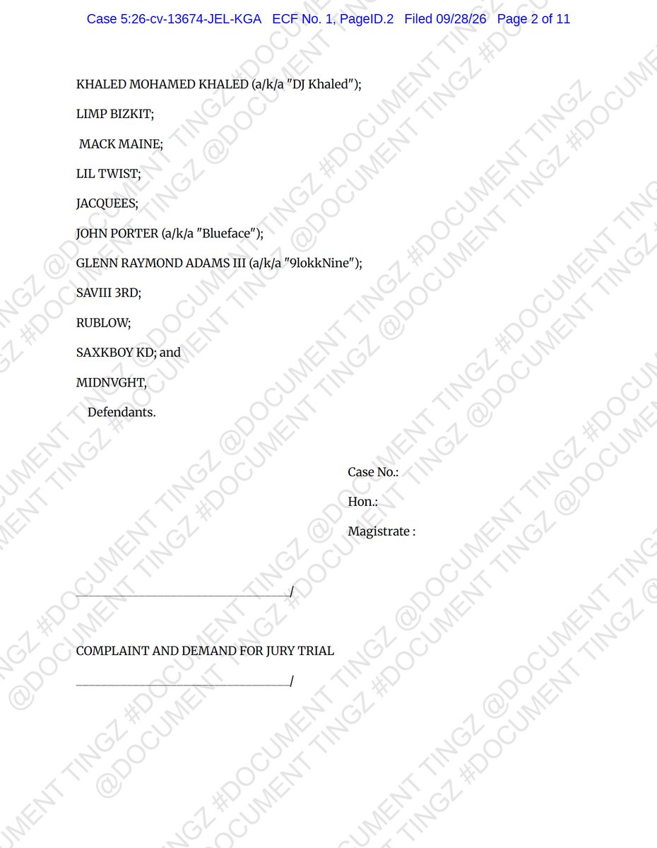 DocumentTingz's tweet photo. ⚖️NEW FILING⚖️A Michigan woman has filed a NEW FEDERAL LAWSUIT against Cash Money Records and numerous major music-industry figures, including Birdman, Slim, Lil Wayne, Drake and Nicki Minaj.

Europe R. Colbert filed the lawsuit PRO SE in the U.S. District Court for the Eastern District of Michigan.

The defendants named include👇🏾👇🏾👇🏾
• Cash Money Records
• Bryan “Birdman” Williams
• Ronald “Slim” Williams
• Lil Wayne
• Juvenile
• B.G.
• Turk
• Mannie Fresh
• Drake
• Nicki Minaj
• Tyga
• Young Thug
• Jay Sean
• DJ Khaled
• Limp Bizkit
• Mack Maine
• Lil Twist
• Jacquees
• Blueface
• 9lokkNine
• Kilo G
• U.N.L.V.
• And several additional artists and alleged affiliates

Colbert alleges that the defendants participated in what she describes as a coordinated campaign involving👇🏾👇🏾👇🏾
• UNLAWFUL ELECTRONIC SURVEILLANCE
• Hidden cameras inside her residence
• Interception of private communications
• Commercial use of her personal experiences
• Misappropriation of her identity
• Harassment
• Copyright strikes and platform takedowns
• Interference with her employment and business opportunities
• A racketeering enterprise involving private surveillance material

According to the complaint, Colbert alleges that hidden cameras and electronic surveillance devices were secretly installed inside her Warren, Michigan residence and captured intimate audio and video without her knowledge or consent.

She further alleges that the defendants obtained and transported intercepted communications and surveillance material across state lines for commercial exploitation, licensing and public distribution.
Colbert claims the defendants used details from her private life, personal trauma and alleged surveillance footage in commercially distributed entertainment content.

One allegation concerns what she describes as deliberate copying of imagery involving TWO WHITE VEHICLES and rooftop locations after she posted similar material online.

She also alleges that commercially released music contained lyrics describing details of her past sexual assault and private surveillance.

The complaint asserts FOUR categories of claims👇🏾👇🏾👇🏾
1. LANHAM ACT
Colbert alleges that defendants commercially exploited her identity, personal experiences and narrative in a way that falsely implied endorsement, sponsorship or affiliation.

2. FEDERAL WIRETAP ACT
She alleges that defendants intentionally intercepted, received, disclosed and commercially used communications and surveillance data taken from her home and electronic devices.

3. CIVIL RICO
Colbert alleges that the defendants operated as an enterprise engaged in a pattern of racketeering activity, including alleged wire fraud and interstate transportation of unlawfully obtained property.

4. MICHIGAN STATE-LAW CLAIMS
Those include allegations of👇🏾👇🏾👇🏾
• Misappropriation of identity / right of publicity
• Invasion of privacy
• Public disclosure of private facts
• Defamation
• False light
• Intentional infliction of emotional distress
• Tortious interference
• Civil conspiracy.

Colbert claims the alleged conduct caused her to lose Employment, Stable housing, Vehicles and Future vocational opportunities.

She is asking the Court for Compensatory damages, Statutory damages, TREBLE damages, Punitive and exemplary damages, Disgorgement of allegedly earned profits, Permanent injunctive relief plus interest, costs and other relief.

She has also demanded a JURY TRIAL.

COMPLAINT - https://t.co/mXRzpCO13M