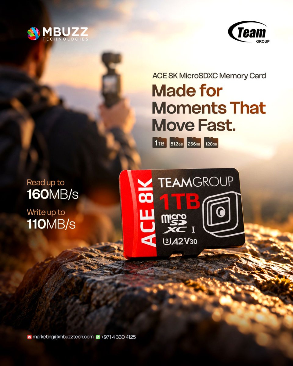 MBUZZTech's tweet photo. Some moments don’t come twice. Capture them without compromise.
TEAMGROUP ACE 8K MicroSDXC:
✅Up to 160/110 MB/s Read/Write
✅Up to 1TB
✅4K 120fps
✅A2 / U3 / V30
✅5-way protection
Capture more. Keep moving.
👉 https://t.co/YmU5yJJp9U
#TEAMGROUP #ACE8K #MicroSDXC #MBUZZ https://t.co/Aon9OL1sm7