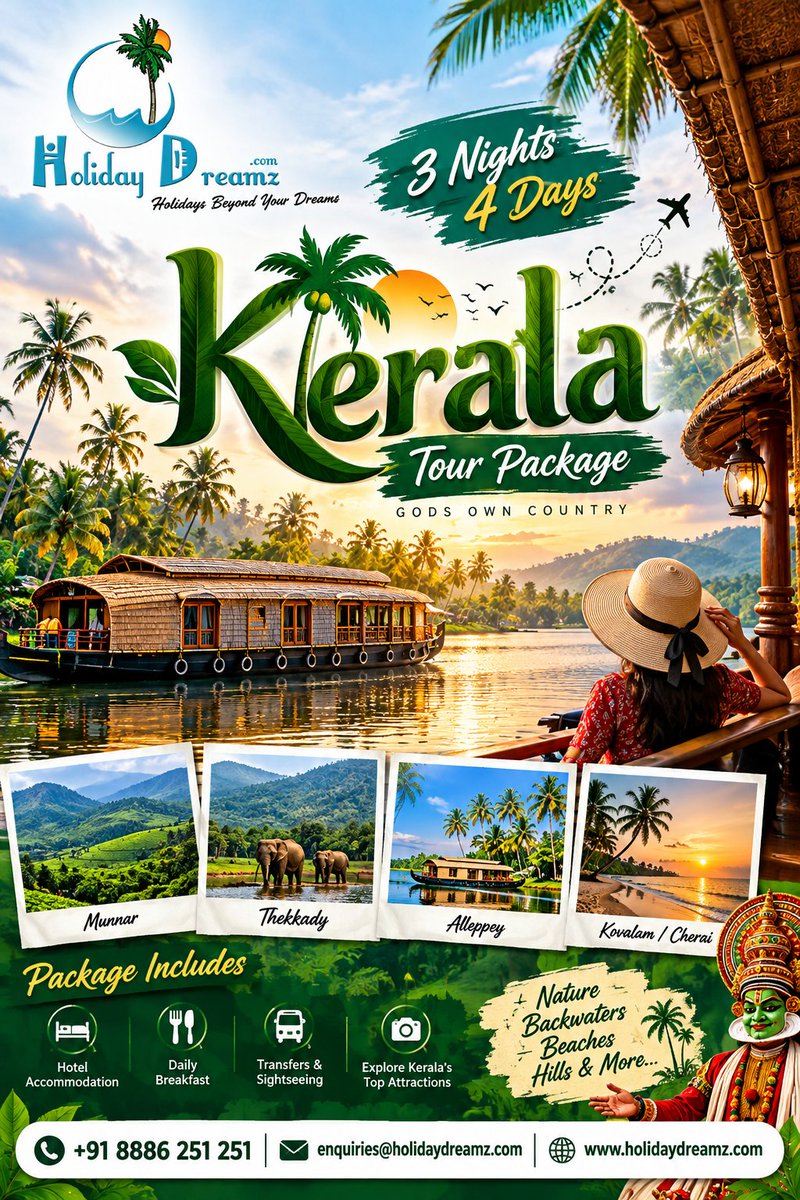 holidaydreamz's tweet photo. “3 Nights, 4 Days of Pure Kerala Magic!. From Misty Hills to Serene Backwaters – Experience Kerala!”
📘 Facebook: https://t.co/IpSeosL4zA
📷 Instagram: https://t.co/NivMGkXTvF
#HolidayDreamz #KeralaPackage #KeralaTrip #KeralaTourism #GodsOwnCountry #KeralaTravel #ExploreKerala https://t.co/0kxoe9FldV