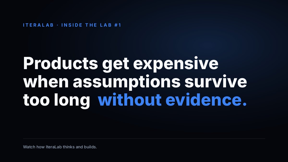 theiteralab's tweet photo. Products get expensive when assumptions survive too long untested.

IteraLab closes the gap with deliberate constraints:

2 weeks: idea to testable prototype. 6 more weeks: learnings to a focused working MVP.

Not "build it all in eight weeks." Build only what the evidence earns. https://t.co/xzUuicQM3N