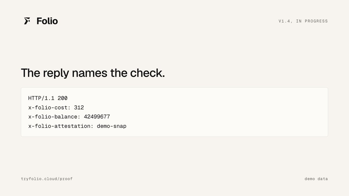 tryfoliocloud's tweet photo. Building v1.4. Every reply now names the reserve check it was served under. Paste that id on /proof and your browser recovers the signer and matches the hash. Once an hour the hash goes on chain. https://t.co/r8OEiF7MA4