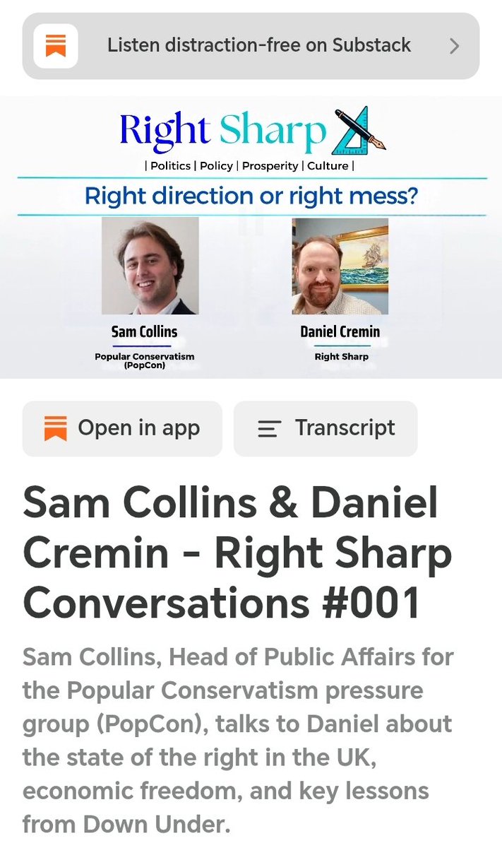 RightSharpUK's tweet photo. And here we go...

First video interview up on Right Sharp with Sam Collins from Popular Conservatism.

65 minutes and free to watch. 

Please share. Essays and articles for the paid tier are coming up shortly.  https://t.co/vmSlKinMgb https://t.co/Yl9eSswq4F