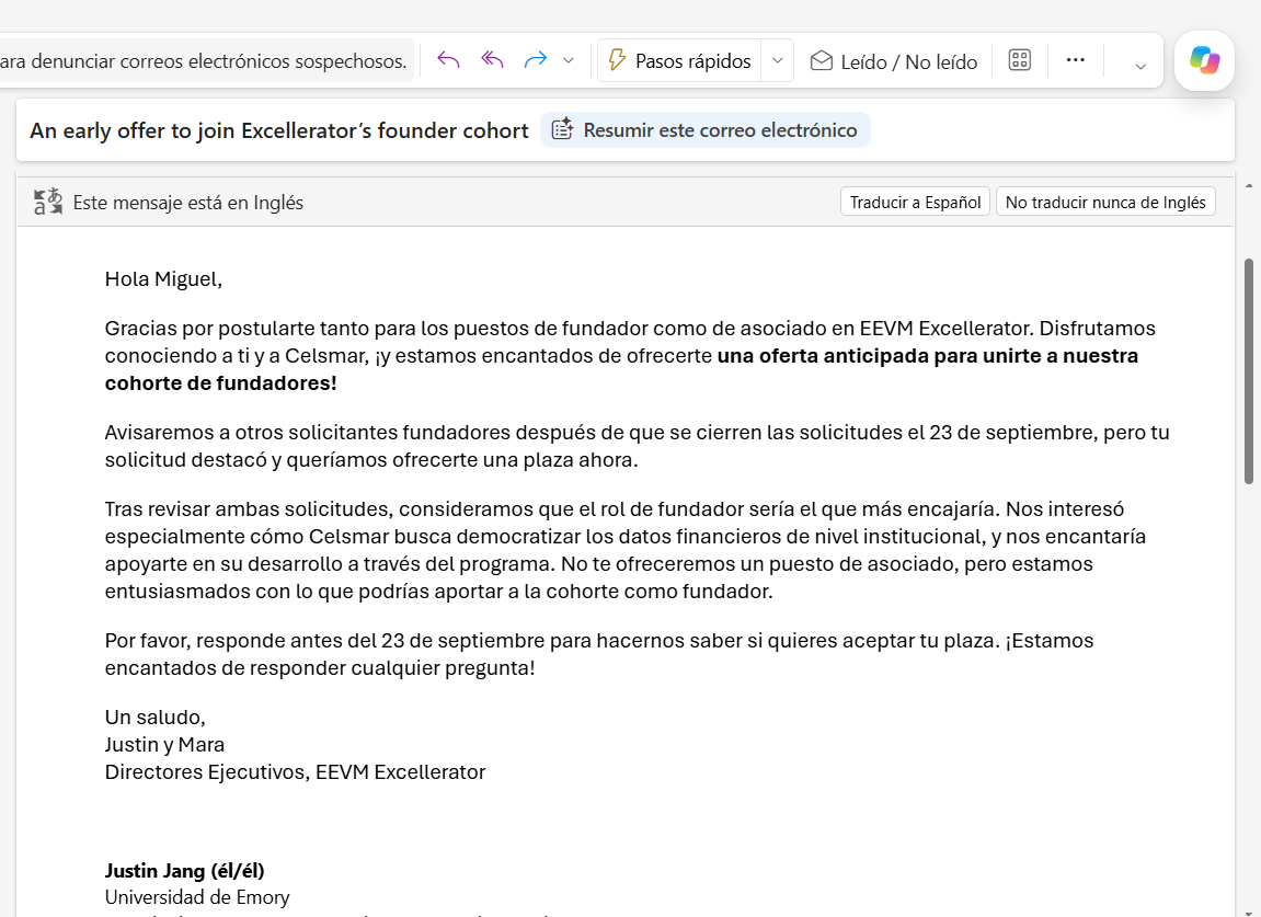 CelsmarAI's tweet photo. 🚀 Celsmar entra en @emoryevm  Excellerator, el programa de @EmoryUniversity  para founders y startups.

Hemos recibido una oferta anticipada para unirnos.

Para nosotros es un paso muy importante: entrar en un entorno donde podremos seguir desarrollando el proyecto, aprender de otros founders y conectar con el ecosistema emprendedor de Emory.

Hace unos meses Celsmar era solo una idea.

Hoy empieza a abrir puertas.

Seguimos construyendo. 🧡