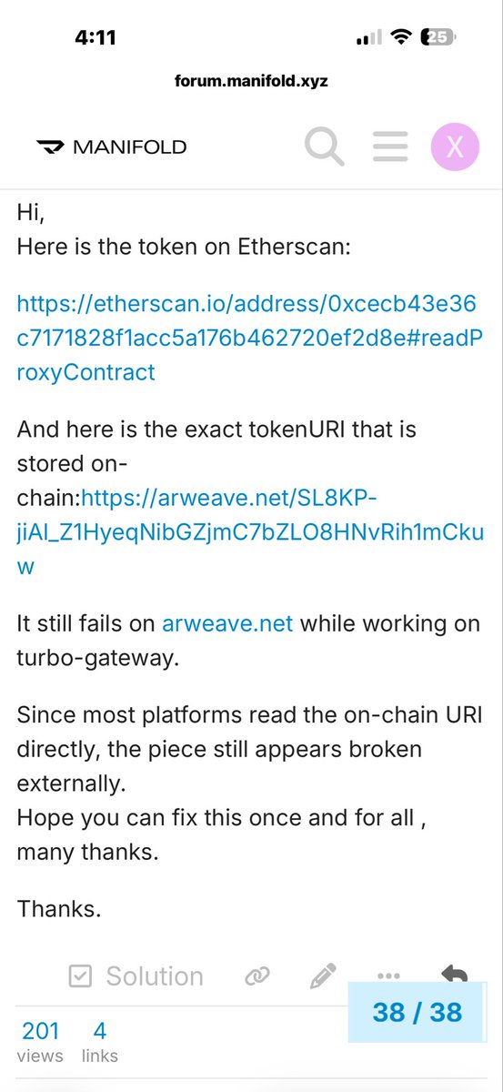 xyzlb_DEXOU's tweet photo. Auction still delayed.After 3 burns on opensea bec of technical issues, i ended minting Tribute to Julio le Parc  on @manifold but tokenURI still returning “file not found error” despite a  1 month back and fourth with support.
What would you do in my place? Forget abt NFT? https://t.co/zERNpQD3VB