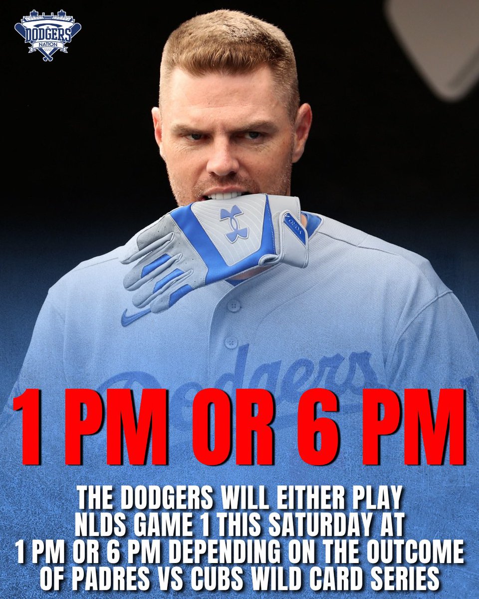 DodgersNation's tweet photo. The Dodgers will play NLDS Game 1 on Saturday at either 1 pm if the Padres advance or 6 pm if the Cubs advance 🚨

The heat is set to hit triple digits and Dave Roberts says he’d prefer the 6 pm slot.

“I would prefer to play at night but as far as who we play, I don’t think we really care. It’s going to be hot weekend and to play at night would certainly be more beneficial.”