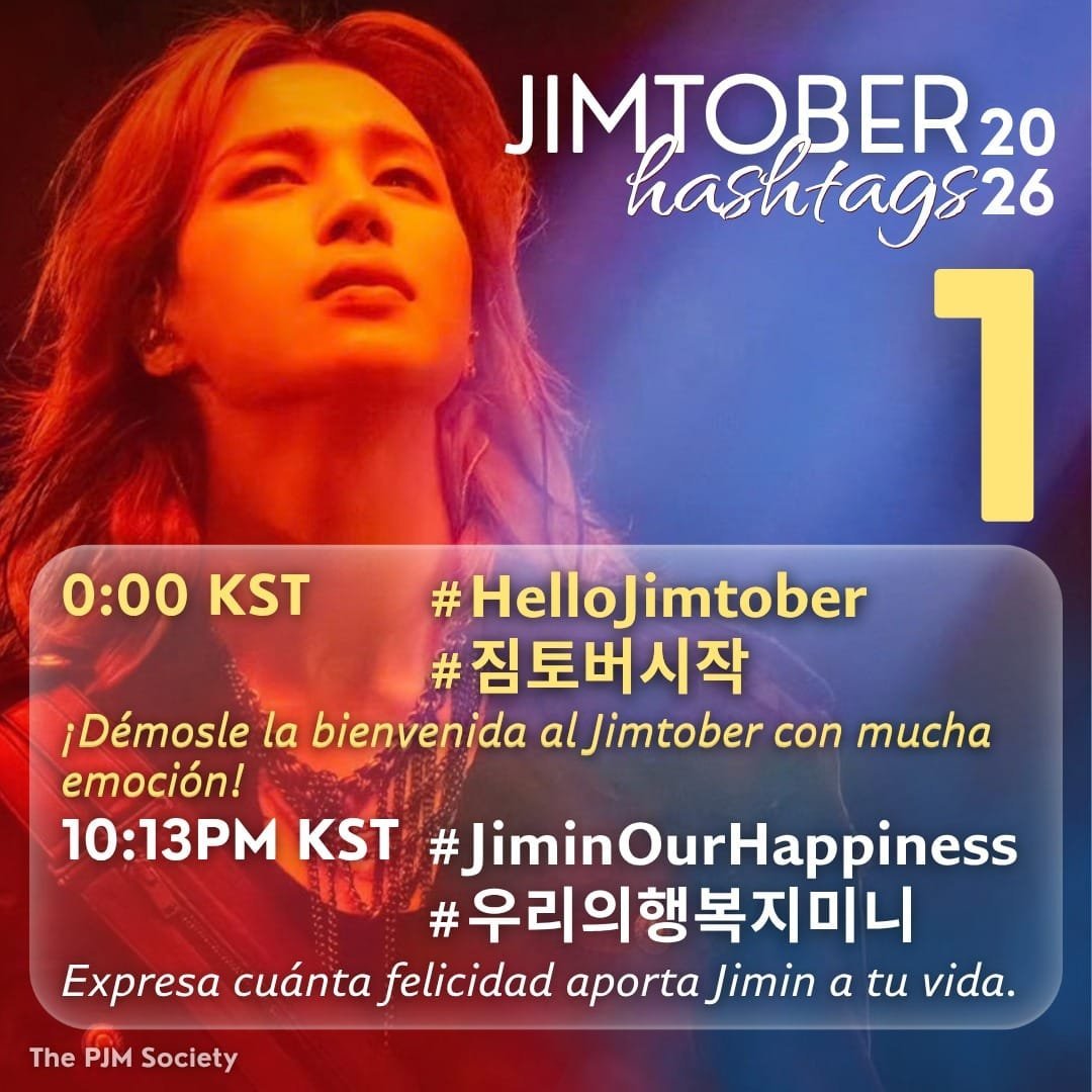 ParkJiminMEX13's tweet photo. JIMTOBER 2026 comienza ✨️

 📍Oct. 1 • 0:00 KST
#️⃣ HelloJimtober
#️⃣ 짐토버시작
Demos la bienvenida a Jimtober con mucha emoción!

📍Oct. 1 • 10:13 PM KST
#️⃣ JiminOurHappiness
#️⃣ 우리의행복지미니
Expresa cuánta felicidad trae Jimin a tu vida.
¡SIGUE EL HORARIO CORRECTO!‼️ https://t.co/N7k41bE8jM