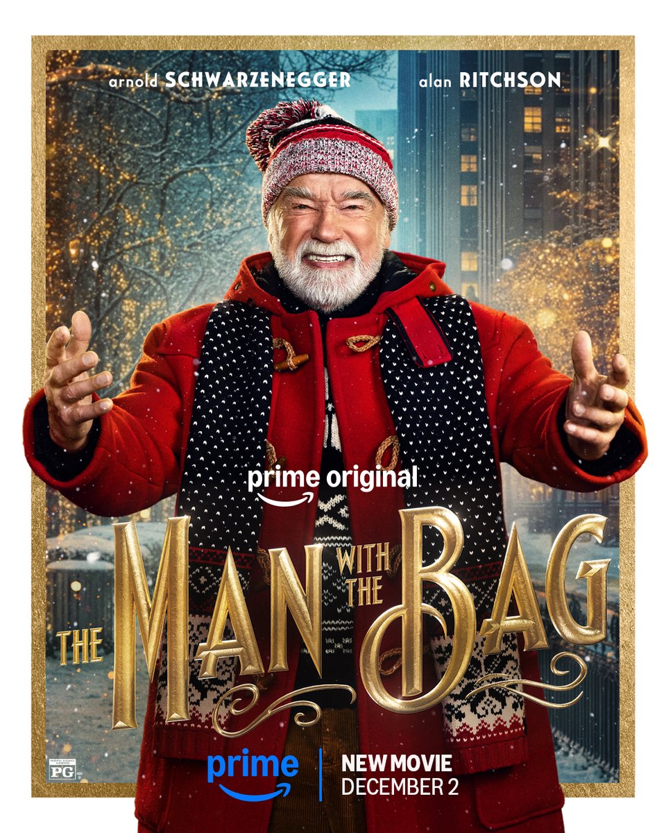 AmazonMGMStudio's tweet photo. He’ll be back....Hopefully with presents. Arnold Schwarzenegger is Santa in The Man with the Bag. Coming to @PrimeVideo  December 2. https://t.co/OBGKm2CiCM