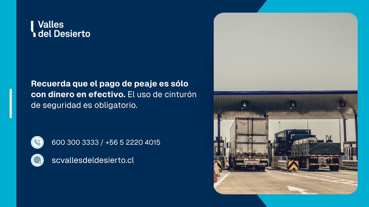 VallesDesierto2's tweet photo. [INFORMACIÓN] 💵 Recuerda que el pago del peaje en nuestras plazas #Totoral y #PuertoViejo es sólo con dinero en efectivo. Lleva sencillo para evitar contratiempos. 👉 El uso del cinturón de seguridad y sistemas de retención infantil es obligatorio. #Ruta5 #Vallenar #Caldera https://t.co/Kwu7Lnogcv