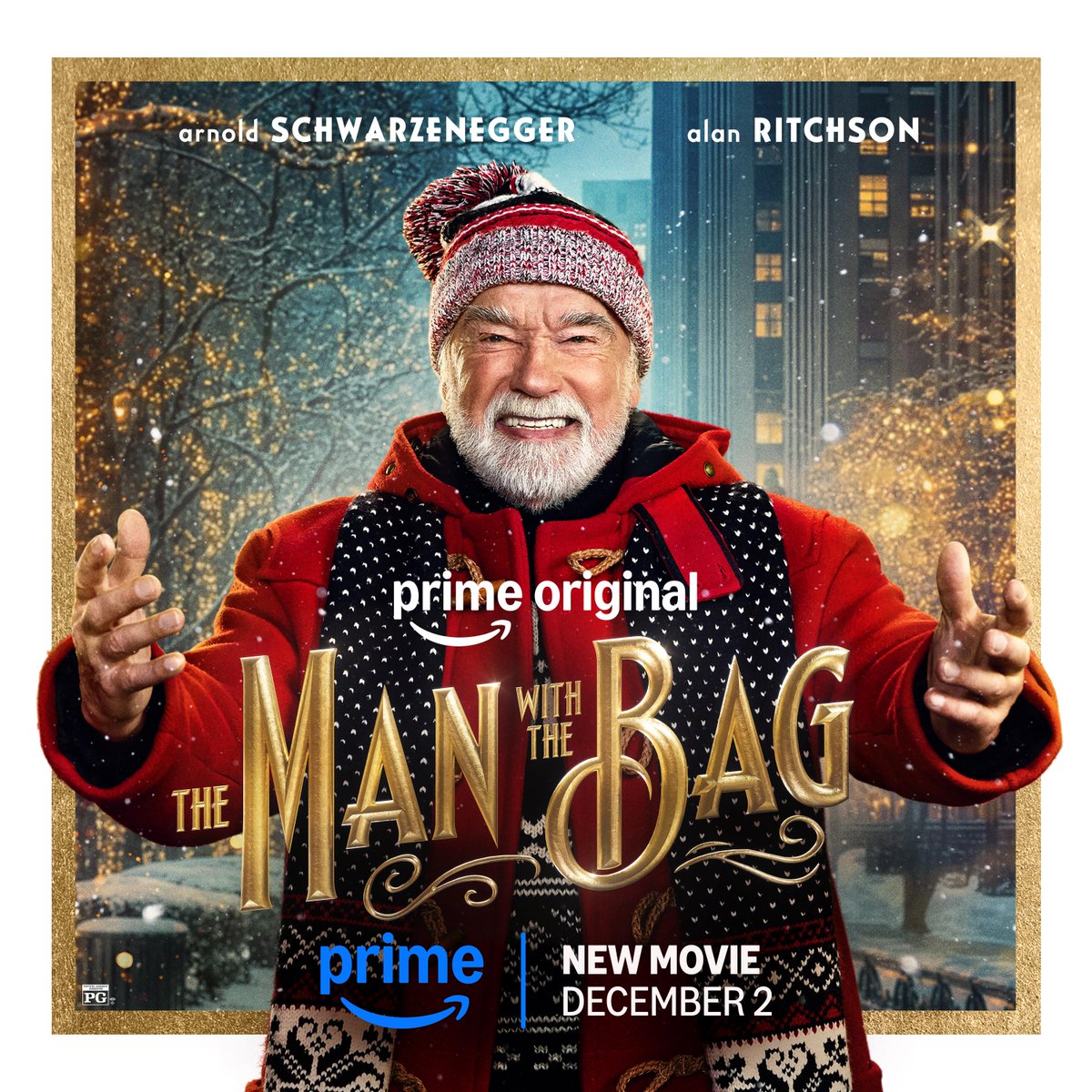 PrimeVideo's tweet photo. He’ll be back….Hopefully with presents. Arnold Schwarzenegger is Santa in The Man with the Bag. Coming to Prime Video December 2. https://t.co/uWAFChmDER