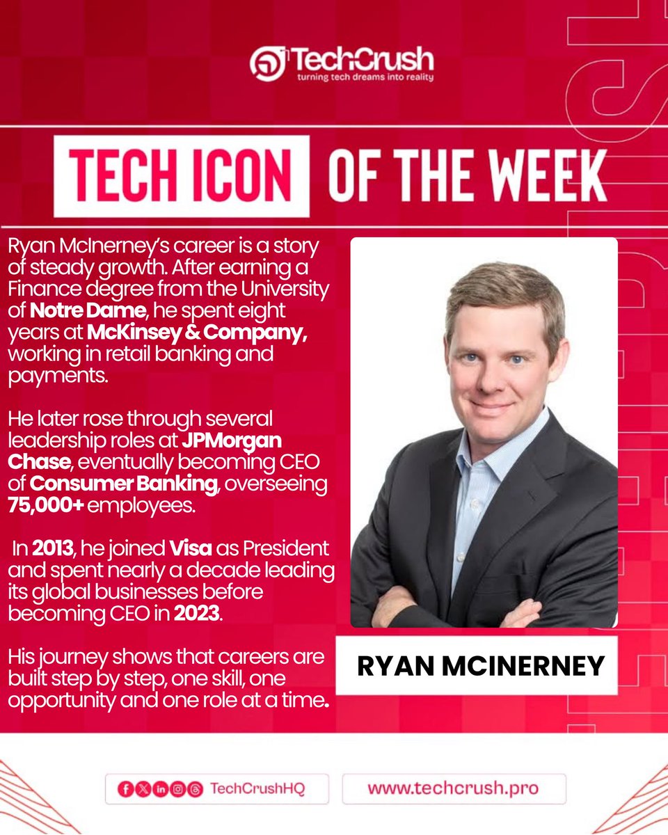 TechCrushHQ's tweet photo. Your career doesn’t have to make sense all at once.
Ryan McInerney’s journey from consulting, to banking, to leading global businesses at @Visa is a reminder that growth happens one step at a time.

So if you’re learning a new tech skill, building experience, or still figuring out where you fit, keep going. The role you have today doesn’t have to be the role you end up with.

Every skill you learn and every opportunity you take is building towards something. 
#techcrush