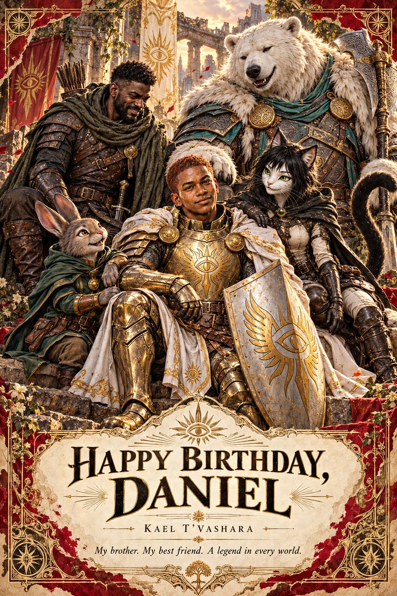 SagasofVaelora's tweet photo. Kael’s story began with someone far closer to home: my little brother, Daniel. My best friend of all time deserves a place in the world I’m building. Happy birthday, little bro. ❤️⚔️ 

#HappyBirthdayDaniel #SagasOfVaelora #KaelTVashara #FantasyArt #Brotherhood https://t.co/cULia5i5FE