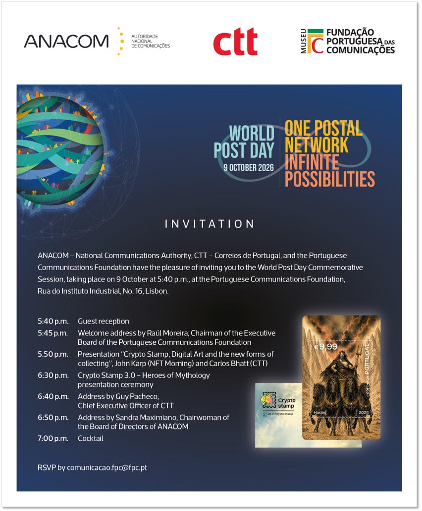 johnkarp's tweet photo. On October 9 I am on stage at World Post Day in Lisbon, with Carlos Bhatt from CTT, to talk about crypto stamps, digital art and the new ways people collect.

Same evening, CTT presents Crypto Stamp 3.0, Heroes of Mythology. Hades on a stamp, 9.99 euros, on chain.

Portuguese Communications Foundation, 5:40pm. Free, register here: https://t.co/SV9zMlrgWa