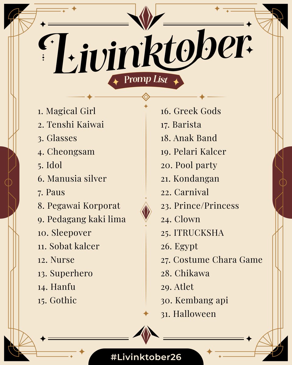 ProjectLivium's tweet photo. Selamat Datang di #Livinktober26 ৎ˚⟡˖ ࣪ 

Kami sudah menyiapkan prompt list untuk seru-seruan~!
Kalian dapat memberikan karya terbaik setiap hari nya~

DILARANG MENGGUNAKAN AI  & gambarlah Talent Project:LIVIUM dengan prompt yang sudah disediakan.
  
Mari kita lukiskan Livinktober26 dengan kebahagiaan~✨