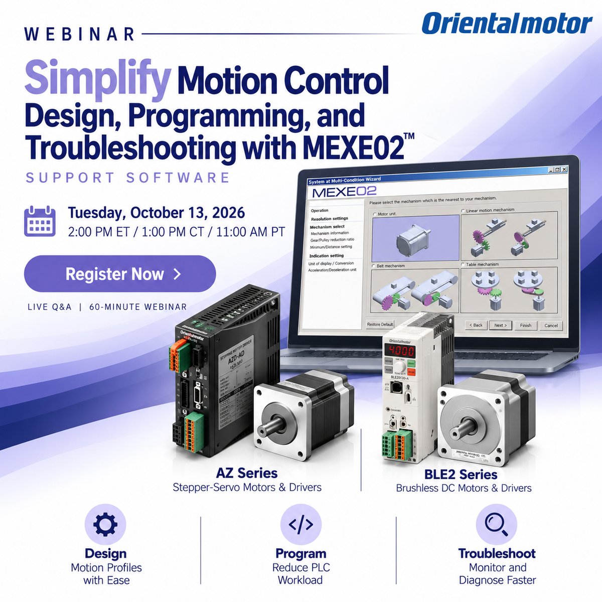 OrientalMotor's tweet photo. Join us on Oct. 13 for a live MEXE02 Training Webinar.
Learn practical techniques for configuring, monitoring, and troubleshooting Oriental Motor products with MEXE02.
Register today: https://t.co/ptv0G2bYRT
#MotionControl #IndustrialAutomation #Engineering #Automation #Webinar https://t.co/j8gQi3hfaG
