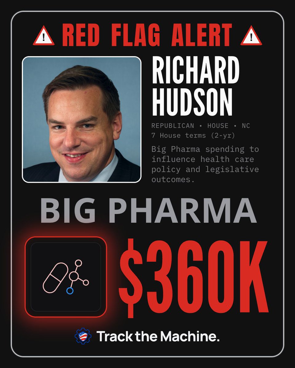 TurnLeftPAC's tweet photo. π© RED FLAG: Per @TracktheMachine, FEC reports show Richard Hudson (R-NC) has received $360K in total donations from Big Pharma. Track the money, all the way to the vote. #TrackTheMachine https://t.co/MD1pUNyTjM