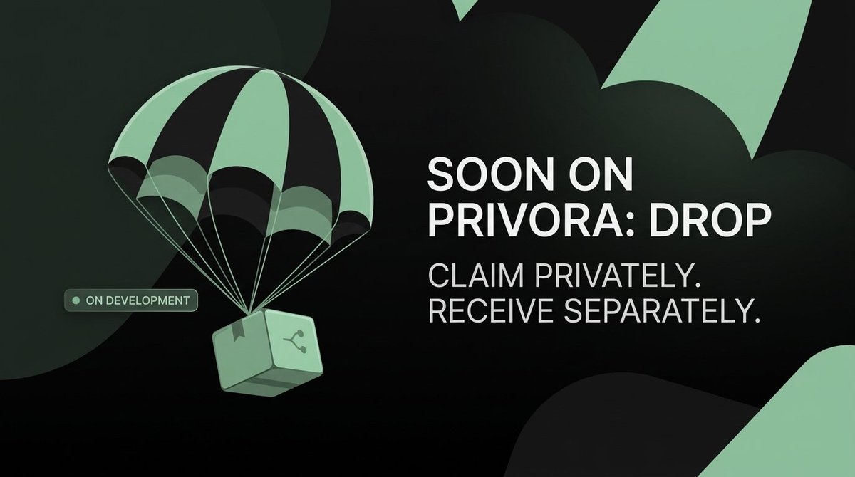 privoracash's tweet photo. Soon on PRIVORA: Drop.

Communities run on rewards, claims, and campaigns. On a public chain, every claim links the campaign wallet to every participant, forever.

Drop is claim-based distribution with privacy built in. The address that claims is not the address that receives. Unclaimed funds return to the sender.

Dev badge on, launch approaching.

Follow the build: https://t.co/4wFHqs8CO3