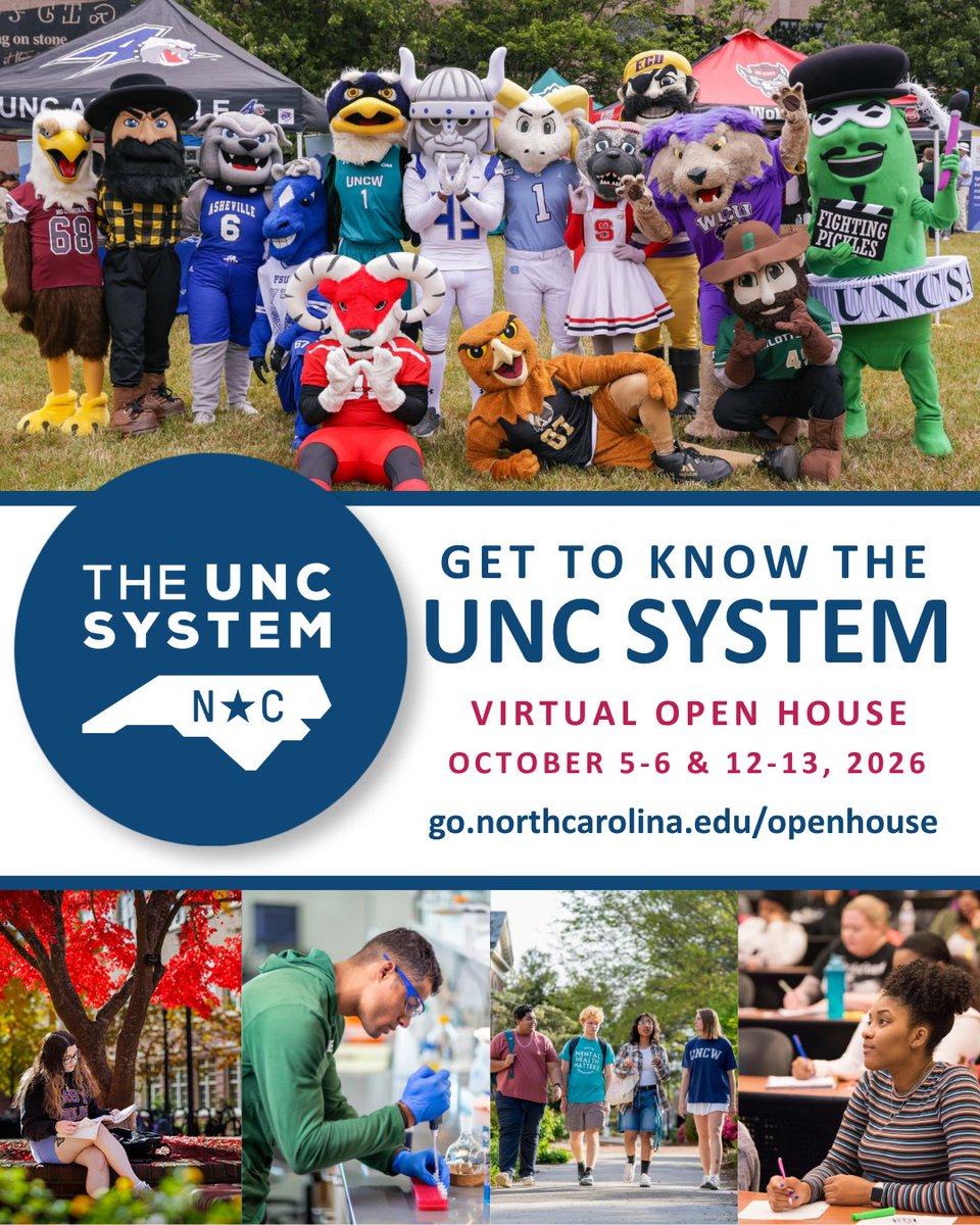 UNC_System's tweet photo. High school students: Explore all 16 UNC System universities during four live Virtual Open House sessions. Hear from admissions representatives and current students, then ask questions live Oct. 5, 6, 12 &amp; 13 from 6:30–7:45 p.m. on Zoom ➡️ Register at https://t.co/c77A8IR17T https://t.co/IYxDxmShYC
