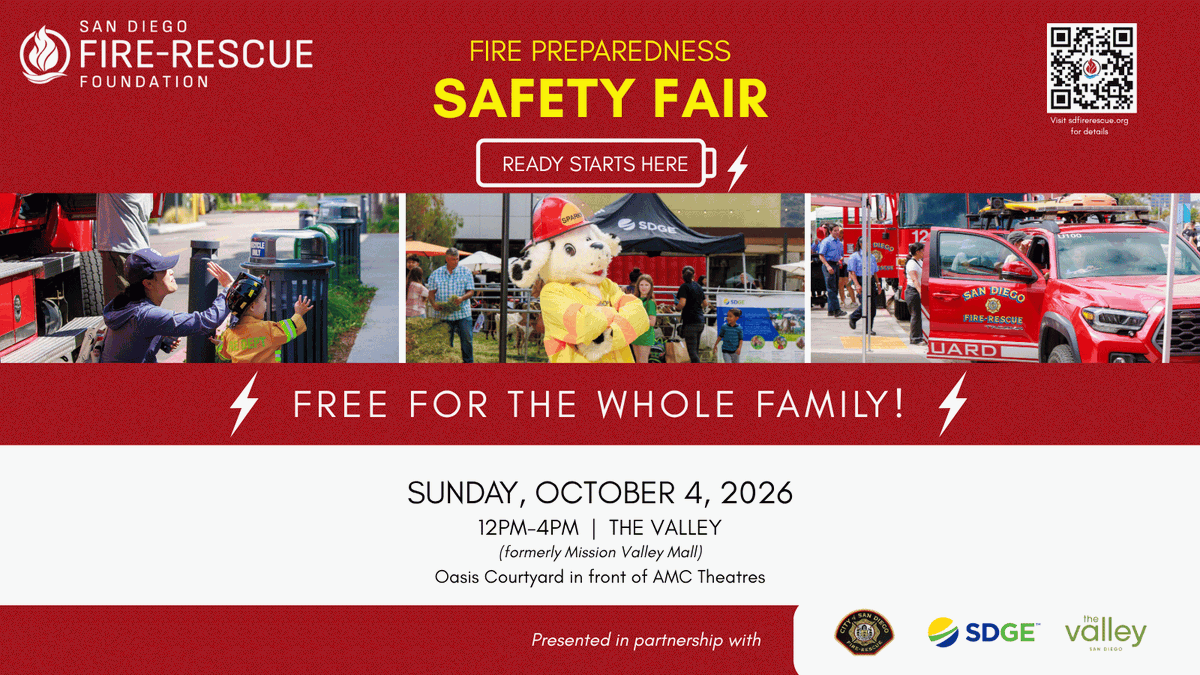 sdfirerescue's tweet photo. Join us THIS SUNDAY for a FREE Fire Preparedness Safety Fair | 12–4 PM | Mission Valley Mall

Meet SDFD, SDG&amp;E, AwareCA, Falck, Burn Institute, San Diego Humane Society, SpotlightXYZ &amp; more! Safety resources, giveaways &amp; activities

Ready Starts Here, San Diego! https://t.co/wpnoVsYfIa