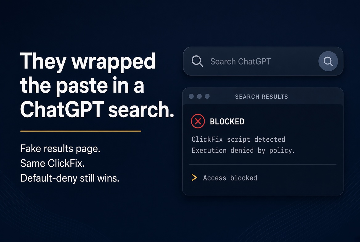 Darthtech_'s tweet photo. ClickFix is back inside ChatGPT-search lures.

Google → fake page → paste the “fix” → trojan.

No exploit.

If the paste can run, the delivery mechanism does not matter. https://t.co/ViSQlxRnuN