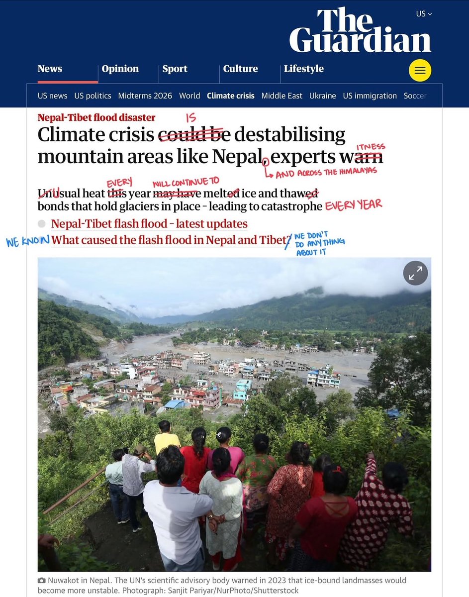 ShayHamiss's tweet photo. They call it a “natural disaster” and “unusual, ” saying it “could” happen more often. Meanwhile, Nepal is burying the consequences. How much more evidence does the world need before precaution becomes action? Nepal did not cause this climate https://t.co/Q1rzkcV6HB