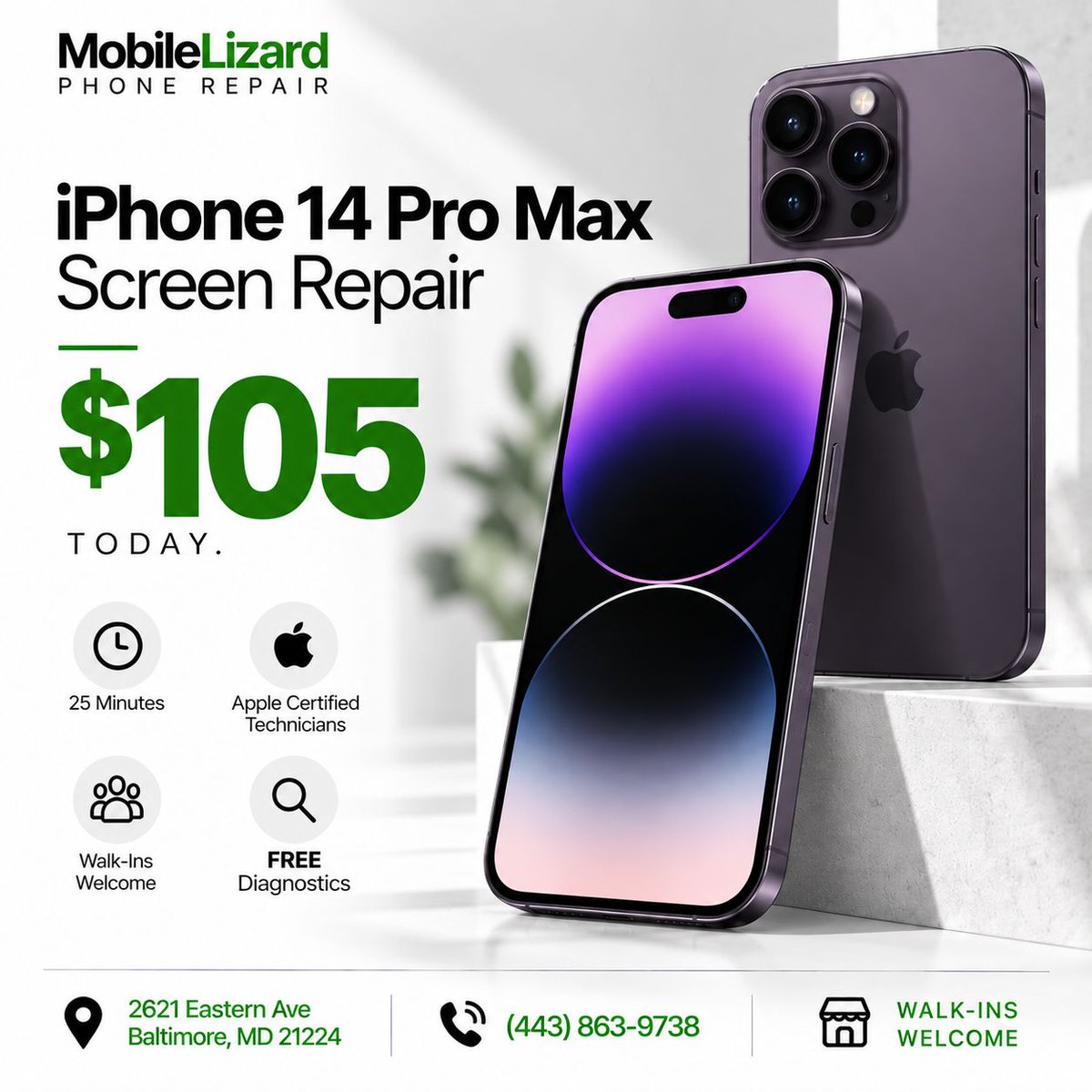 MobileLizard's tweet photo. 📱 SPECIAL PRICE THIS WEEK!
iPhone 14 Pro Max Screen Repair — $105
Cracked screen? Get it fixed for a special price *9/28–10/3 only*
25-minute repair  
✓ Apple Certified Technicians  
✓ Walk-ins welcome

📍 MobileLizard Phone Repair  
📞 443-863-9738

#iPhoneRepairBaltimore https://t.co/bc35qo0RoN