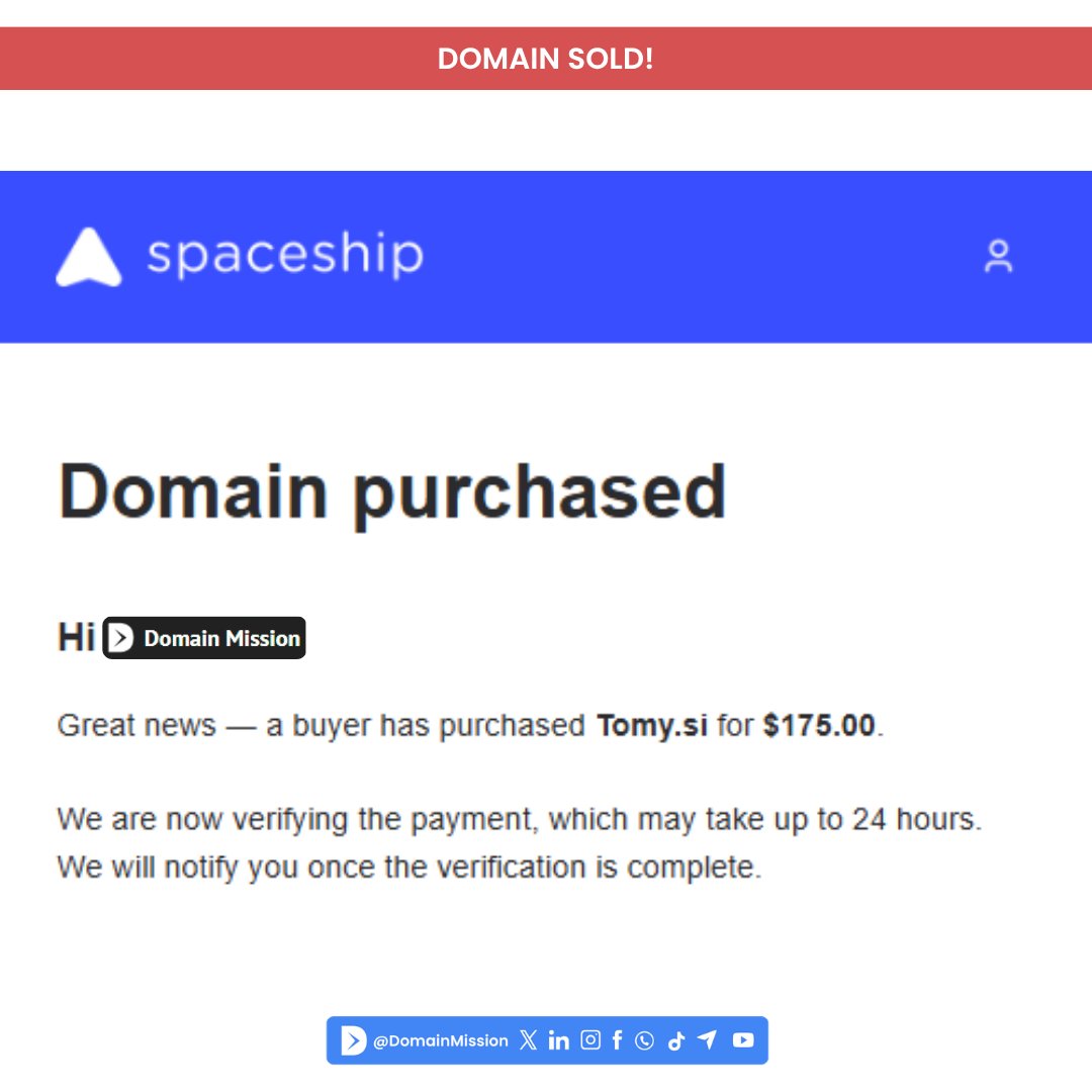 DomainMission's tweet photo. AlhamduliLLAH 🤲✨

I just sold my first .si domain
💰 Cost: $11.49
⏱️ Holding time: 1 day

Big thanks to:
@KehelAyyoub  - @kasmiyouness1  - @spaceship 

Congrats to the new owner 🎉

#superintelligence
#domaininvesting
#domainmission
#domains
#si https://t.co/jhlhnJKmQ3