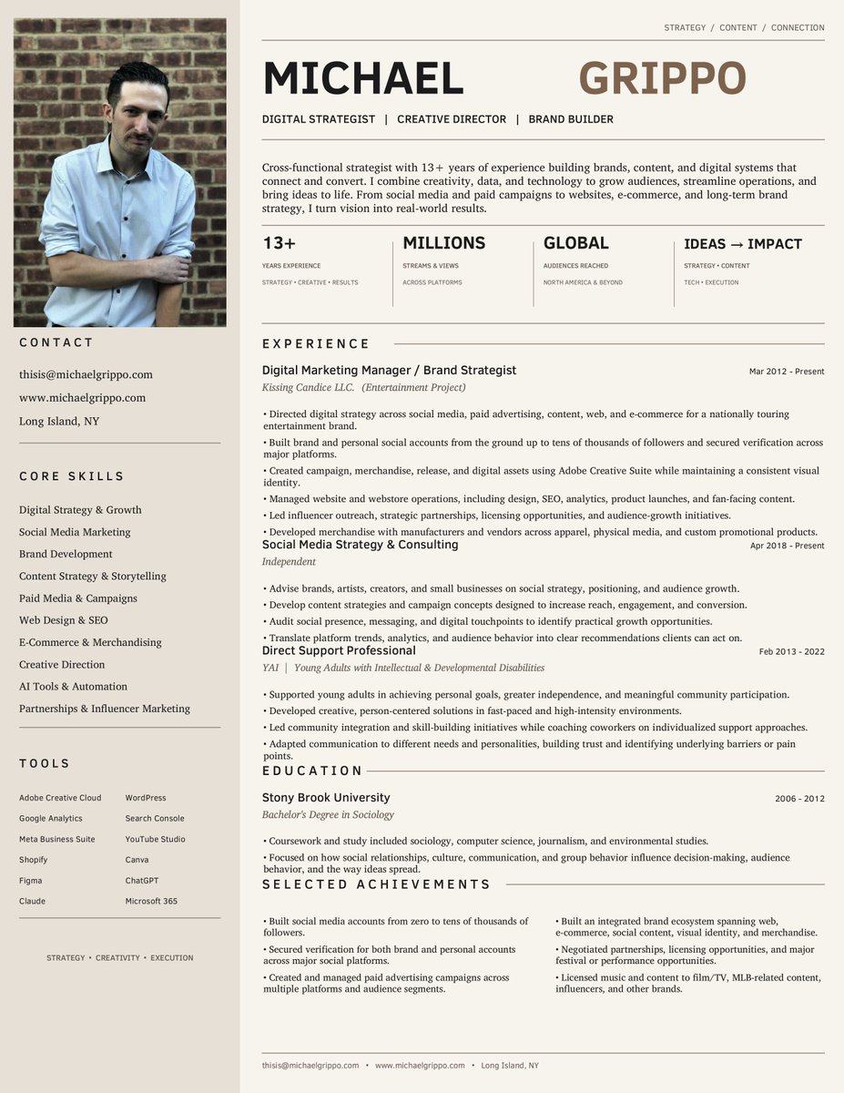 algrippone's tweet photo. I’m starting to put my resumé out in the wild. Shoot me your feedback. This is the first draft. I know the photo has to be fixed along with spacing. Experts, help a former touring musician with 9 herniated discs out! https://t.co/E190fuLIx9