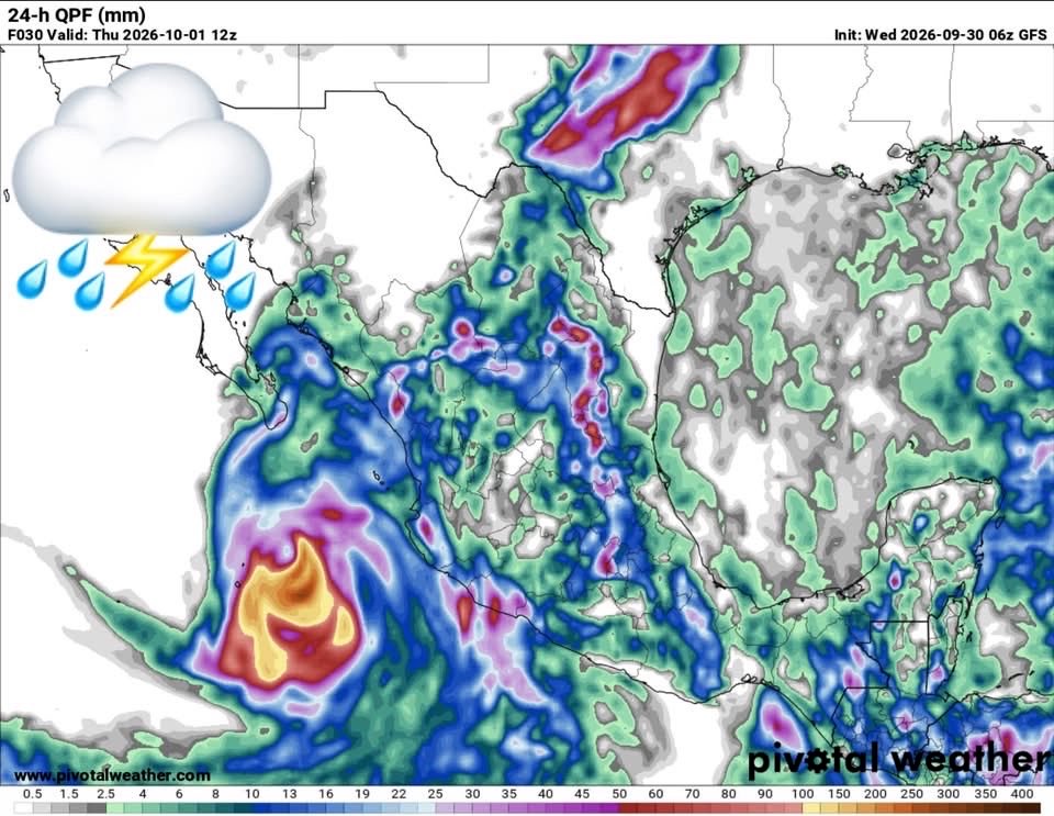 InfoMeteoro's tweet photo. ⚠️PRONÓSTICO MIERCOLES 30/SEP/2026

🚨“#TemporalLluvioso se fortalece y extiende en el noreste, occidente, centro, sur, oriente y sureste por huracán #Rachel y #FrenteFrío1…”

⛈️LLUVIAS/TORMENTA C/GRANIZO⬇️

🔴EVENTOS MÁS INTENSOS🔴
-Sin, Dgo, Coah, NL, Nay, Zac, SLP, Col, Jal, Mich, Gto, Qro, Hgo, EdoMex, CDMX, Gro, Oax, Chis, Camp, QRoo

🟡EVENTOS AISLADOS FUERTES
-Chih, BCS, Tamps, Ags, Mor, Pue, Tlax, Ver, Tab, Yuc

🌡️AMBIENTE DIURNO☀️
🥵36-40ºC noreste, oriente, sureste
😅30-35ºC noroeste, norte, Pacífico
😅20-30ºC occidente, Altiplano (Bajío-Valle de Méx)

⚠️🌬️RÁFAGAS DE VIENTO km/h
35-60 en el norte, noreste, centro y zonas de tormenta, sin descartar mayores