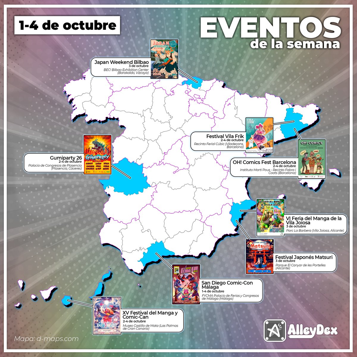 Alleydex's tweet photo. 🗺️ ¡Esta semana tenemos eventos por varios puntos del país! Aquí tenéis nuestra primera recopilación de todo lo que podréis disfrutar esta semana 🫰

¿Tienes stand en uno de ellos? ¡No dudes en compartir tu catálogo aquí abajo! Además, pronto os ayudaremos a encontrar artistas 🤩 https://t.co/fxjf446NrU