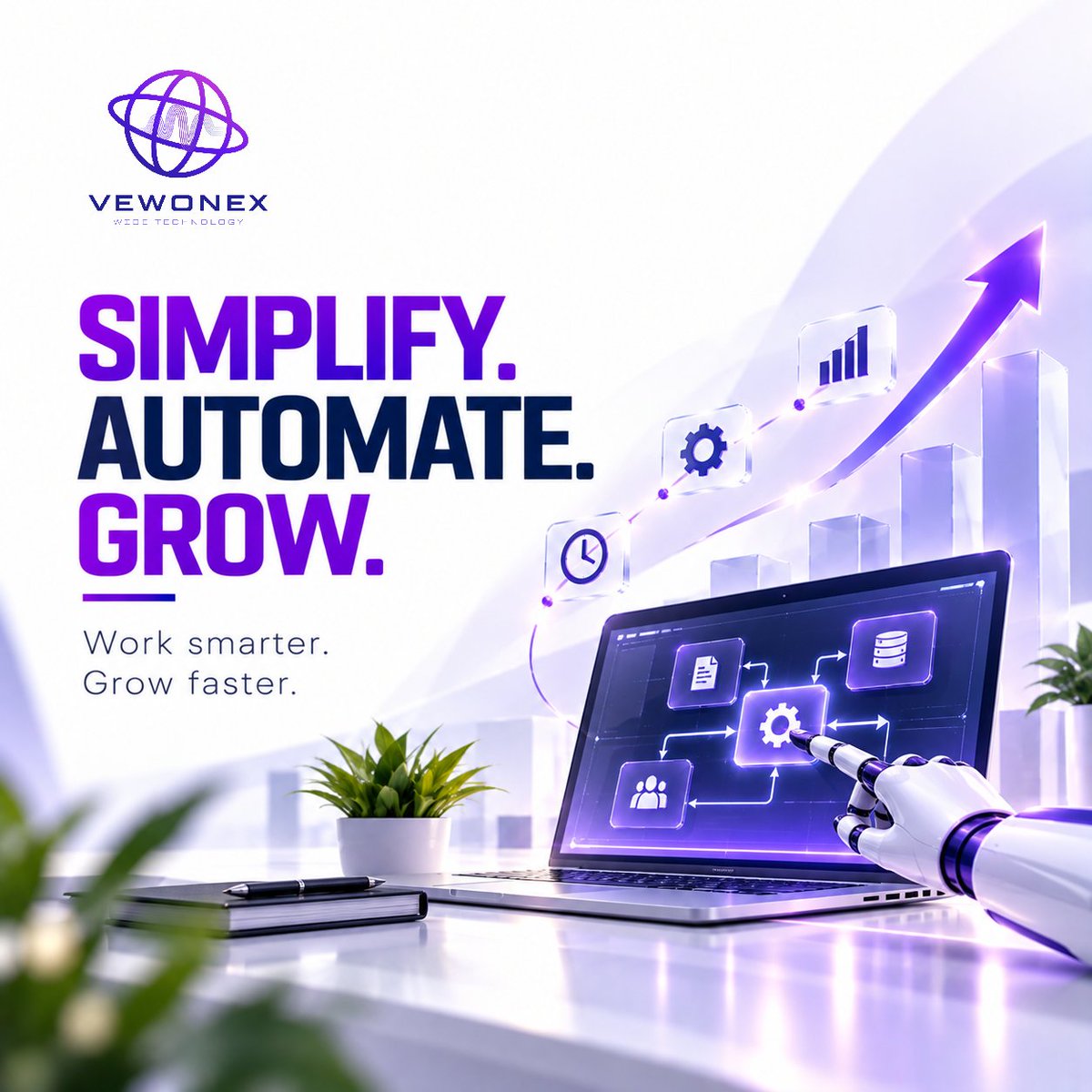 Vewonex's tweet photo. Smart technology can turn complex business processes into simple, efficient workflows.

We build solutions that help businesses save time, reduce effort, and focus on growth.

Work smarter. Grow faster. 💜

#Vewonex #Automation #Technology #BusinessGrowth #DigitalSolutions https://t.co/XT4WNwX0f8