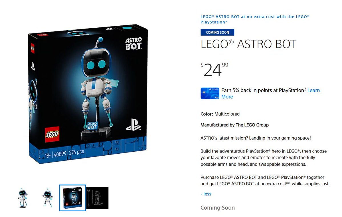 Wario64's tweet photo. LEGO ASTRO BOT will be on PS Direct for $24.99 https://t.co/5sxViejTnJ #ad 

LEGO Store listed it previously as gift with purchase only

"Purchase LEGO® ASTRO BOT and LEGO® PlayStation® together and get LEGO® ASTRO BOT at no extra cost**, while supplies last." https://t.co/zTT0UPhsti
