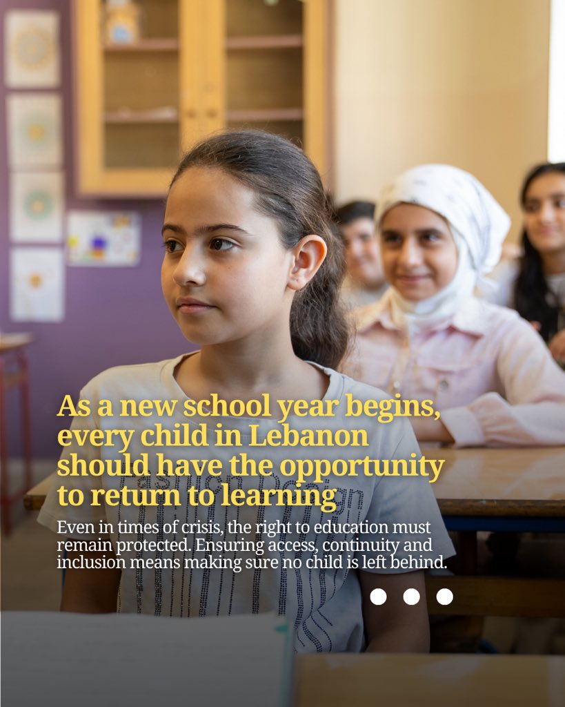 UNESCOBEIRUT's tweet photo. 🎒 A new school year, a new opportunity to #Learn.

For children affected by crisis, returning to school means protecting the #RightToEducation, ensuring learning continuity and leaving no one behind.

#UNESCO works with partners for safe, inclusive and quality education.🇱🇧💙 https://t.co/tpjIs8071l