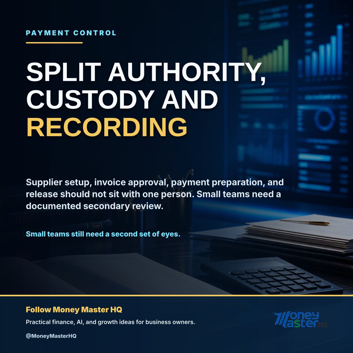 MoneyMaster_HQ's tweet photo. Split Authority, Custody And Recording. Small teams still need a second set of eyes. #MoneyMasterHQ #CashFlow https://t.co/ZQRbaHoCxr