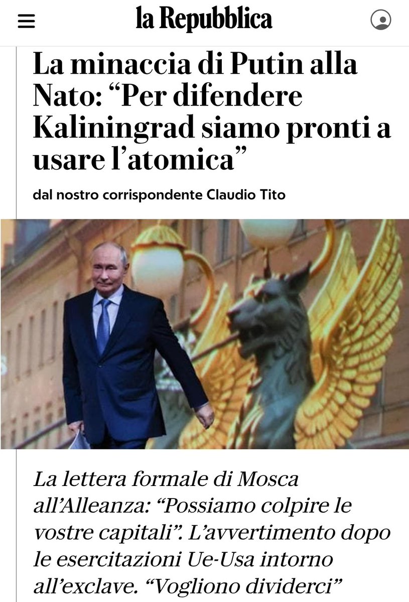 Giorgioaki's tweet photo. "POTREMMO USARE L'ATOMICA"

Dalla dichiarazione dell'ambasciata russa in Irlanda: "Non devono esserci fraintendimenti: la Russia sarà pronta a utilizzare tutto il suo arsenale, compresa l'arma nucleare, per difendere il suo territorio, se i Paesi della NATO dovessero tentare di isolare l'oblast' di Kaliningrad dal resto del Paese. In uno scenario del genere, il rischio di uno scontro armato è elevato, ed esiste la possibilità che la Russia lanci attacchi preventivi contro i centri decisionali nei Paesi dell'Alleanza fin dalle prime fasi del conflitto. Questa è una questione di primaria importanza, e l'Europa deve affrontarla di conseguenza."
Da notare che l'Irlanda detiene attualmente la presidenza del Consiglio dell’Unione Europea.

Tramite Lettera da Mosca