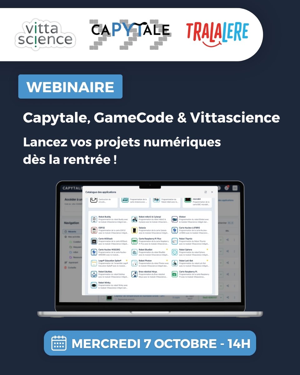 Vittascience's tweet photo. 🔔 Plus qu'une semaine avant le webinaire !

🚀 @CapytaleFr, GameCode & Vittascience : lancez vos projets numériques dès la rentrée !

Les interfaces Vittascience et GameCode sont déjà disponibles dans Capytale. Mais comment les utiliser concrètement dans vos cours de technologie, SNT, NSI, physique-chimie ou mathématiques ?
Lors de ce webinaire, nous vous présenterons les différentes interfaces Vittascience intégrées à Capytale, ainsi que des exemples d’activités pédagogiques adaptés à plusieurs disciplines et niveaux d’enseignement.
Découvrez des idées de projets de programmation et de robotique simples à mettre en œuvre avec vos élèves.

Nous vous présenterons également la bibliothèque d’activités de Capytale, alimentée par les enseignants. Vous pourrez y rechercher des activités existantes, vous en inspirer, les adapter à vos cours et partager vos propres créations avec la communauté éducative.
Un webinaire accessible à tous, particulièrement adapté aux enseignants qui souhaitent préparer et intégrer leurs projets numériques durant l’année scolaire.

📅 Mercredi 7 octobre à 14h
🔗 Inscription : https://t.co/rFrPGAkh9L    

#Capytale #GameCode #Programmation #Codage @TRALALERE_et_vs