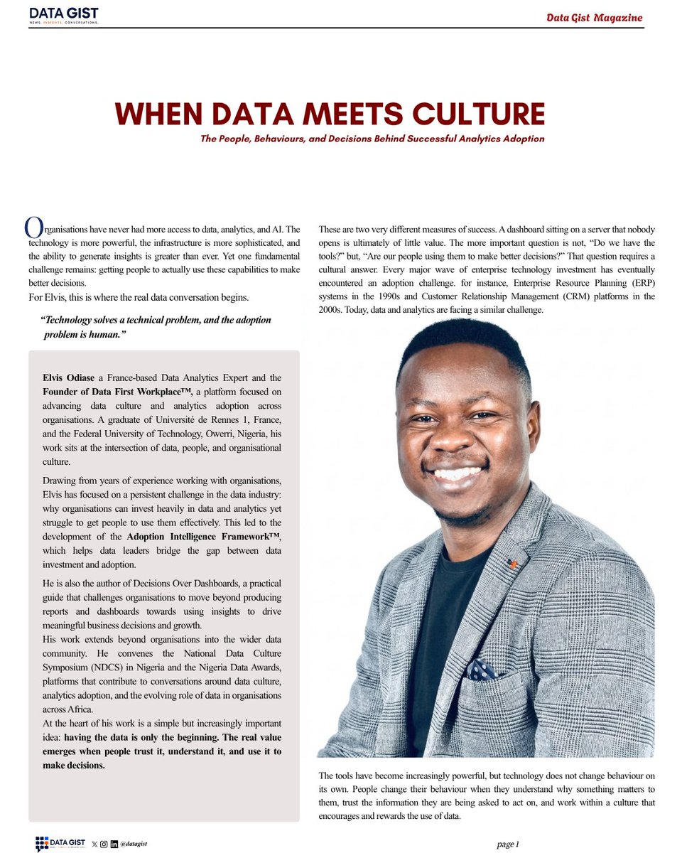 Data__Gist's tweet photo. 𝗗𝗮𝘁𝗮 𝗚𝗶𝘀𝘁 𝗠𝗮𝗴𝗮𝘇𝗶𝗻𝗲 𝗦𝗲𝗽𝘁𝗲𝗺𝗯𝗲𝗿 𝗘𝗱𝗶𝘁𝗶𝗼𝗻

𝗧𝗵𝗲𝗺𝗲: 𝗪𝗵𝗲𝗻 𝗗𝗮𝘁𝗮 𝗠𝗲𝗲𝘁𝘀 𝗖𝘂𝗹𝘁𝘂𝗿𝗲
-𝙏𝙝𝙚 𝙋𝙚𝙤𝙥𝙡𝙚, 𝘽𝙚𝙝����𝙫𝙞𝙤𝙪𝙧𝙨, 𝙖𝙣𝙙 𝘿𝙚𝙘𝙞𝙨𝙞𝙤𝙣𝙨 𝘽𝙚𝙝𝙞𝙣𝙙 𝙎𝙪𝙘𝙘𝙚𝙨𝙨𝙛𝙪𝙡 𝘼𝙣𝙖𝙡𝙮𝙩𝙞𝙘𝙨  𝘼𝙙𝙤𝙥��𝙞𝙤𝙣 https://t.co/Ung5LyhysG