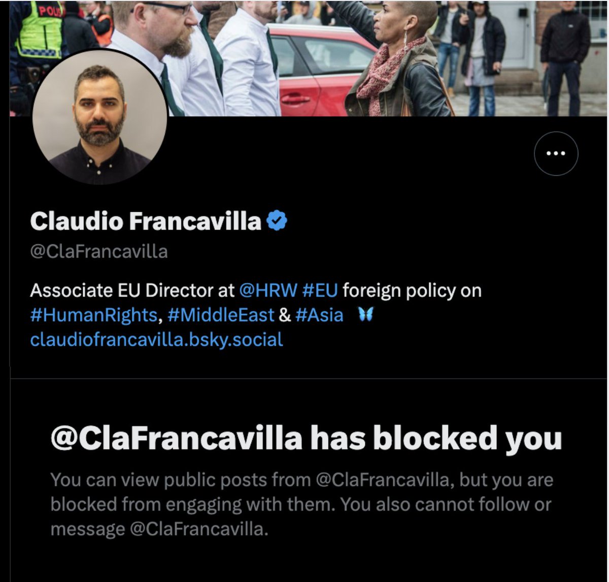 HillelNeuer's tweet photo. In the detailed note below, I urged @hrw's Claudio Francavilla to stop justifying Francesca Albanese's campaign to decenter Jews as the specific victims of antisemitism and the Holocaust, which he had dismissed as a mere “stumble on semantics.” 

He responded by blocking me. https://t.co/Qp2J564gYk