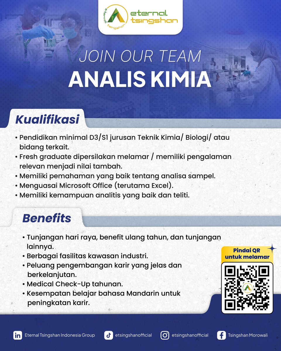 TsingshanGroup1's tweet photo. 🚨 WE’RE HIRING! — MULTIPLE POSITIONS ✨

Ada banyak kesempatan untuk kamu! Saat ini kami membuka posisi Crew Elektrik, Crew Mekanik, Administrasi, dan Analis Kimia. 🛠️🔬

📲 Swipe untuk cek detail posisi dan temukan peluang yang sesuai denganmu!

#StartYourCareerWithTsingshan https://t.co/WDl8tYQKki