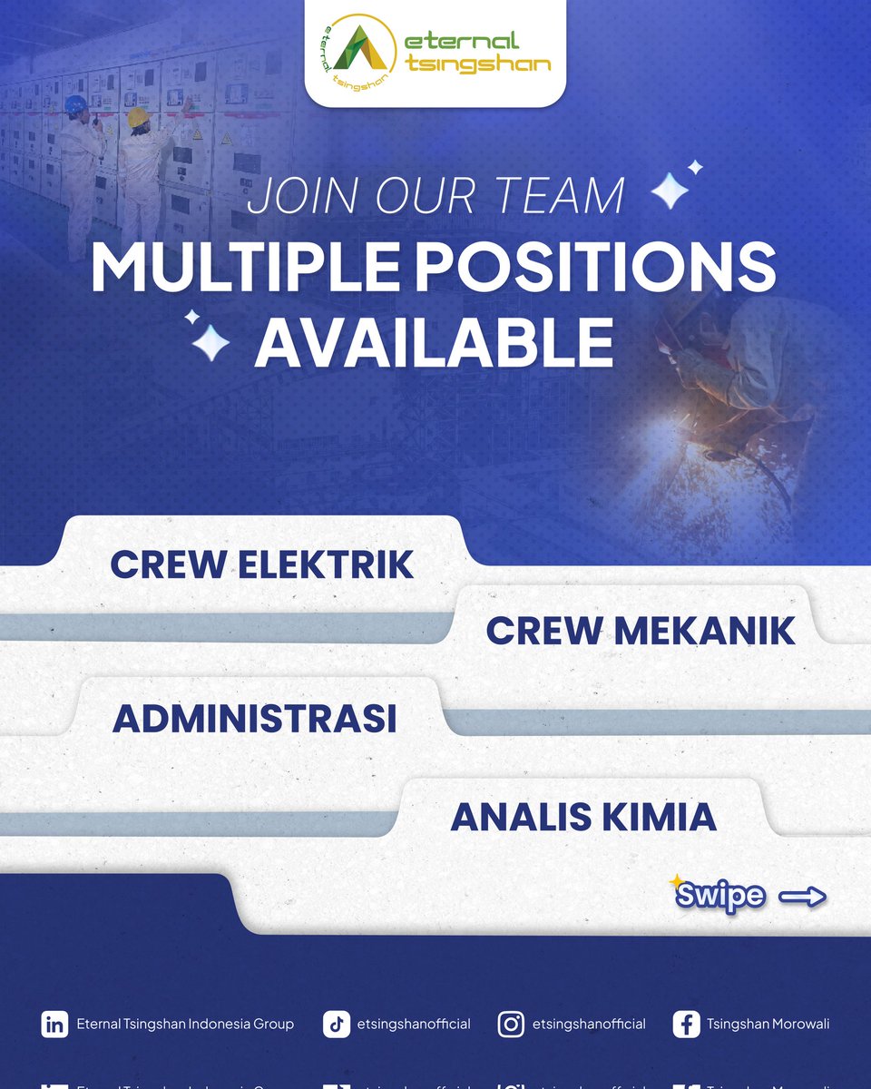 TsingshanGroup1's tweet photo. 🚨 WE’RE HIRING! — MULTIPLE POSITIONS ✨

Ada banyak kesempatan untuk kamu! Saat ini kami membuka posisi Crew Elektrik, Crew Mekanik, Administrasi, dan Analis Kimia. 🛠️🔬

📲 Swipe untuk cek detail posisi dan temukan peluang yang sesuai denganmu!

#StartYourCareerWithTsingshan https://t.co/WDl8tYQKki