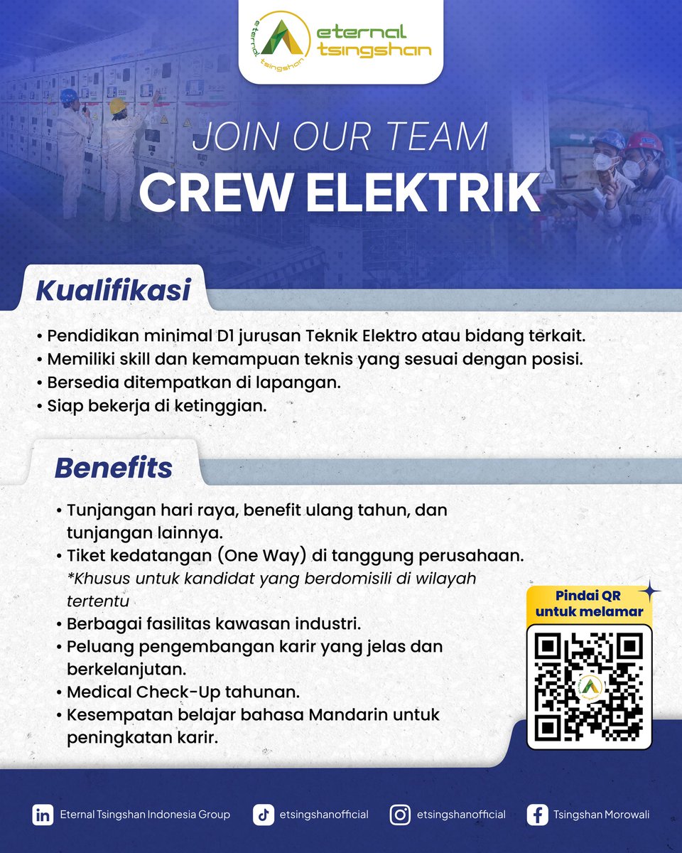 TsingshanGroup1's tweet photo. 🚨 WE’RE HIRING! — MULTIPLE POSITIONS ✨

Ada banyak kesempatan untuk kamu! Saat ini kami membuka posisi Crew Elektrik, Crew Mekanik, Administrasi, dan Analis Kimia. 🛠️🔬

📲 Swipe untuk cek detail posisi dan temukan peluang yang sesuai denganmu!

#StartYourCareerWithTsingshan https://t.co/WDl8tYQKki