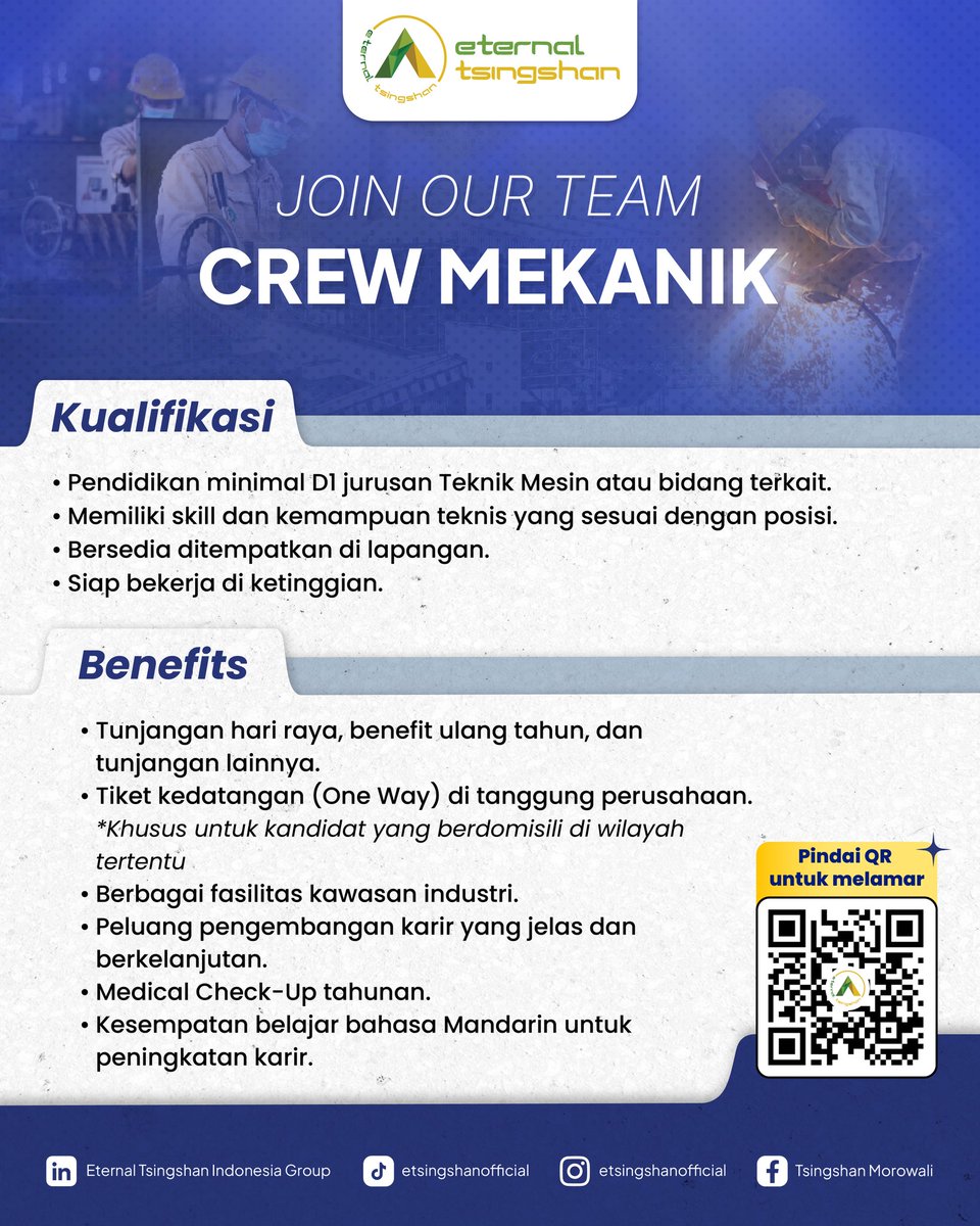 TsingshanGroup1's tweet photo. 🚨 WE’RE HIRING! — MULTIPLE POSITIONS ✨

Ada banyak kesempatan untuk kamu! Saat ini kami membuka posisi Crew Elektrik, Crew Mekanik, Administrasi, dan Analis Kimia. 🛠️🔬

📲 Swipe untuk cek detail posisi dan temukan peluang yang sesuai denganmu!

#StartYourCareerWithTsingshan https://t.co/WDl8tYQKki
