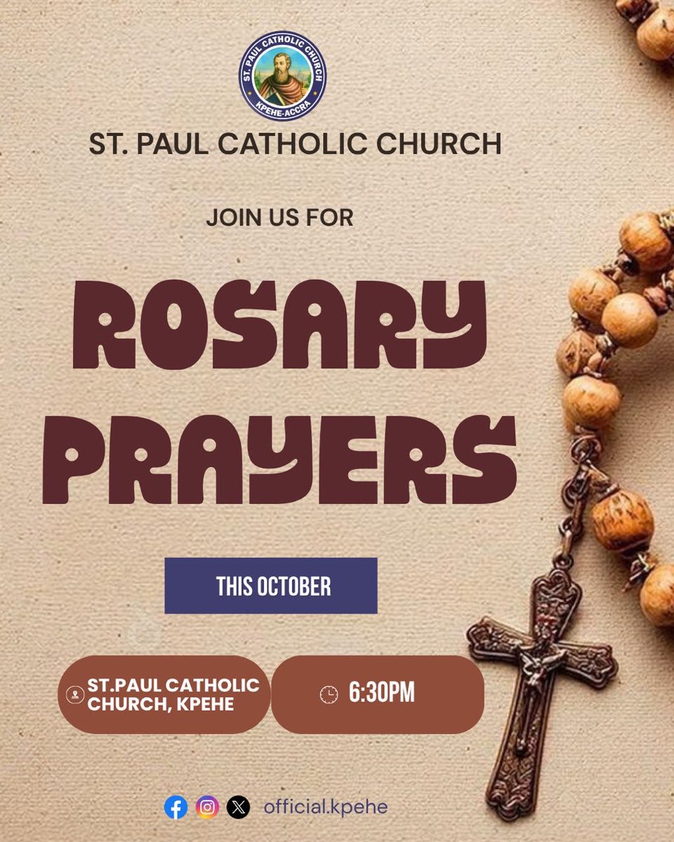 officialkpehe's tweet photo. Join us at St. Paul Catholic Church, Kpehe this October as we come together in prayer, reflection, and devotion through the Holy Rosary.

 “The Rosary is a powerful weapon for putting demons to flight.” — St. Padre Pio

#RosaryMonth #HolyRosary #PrayTheRosary #OctoberDevotion https://t.co/423HzenRSz