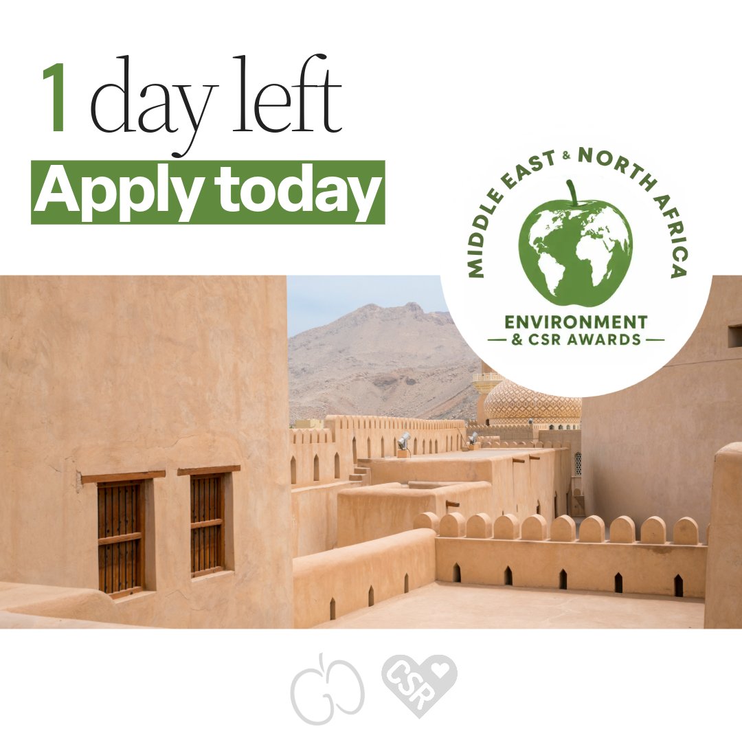 TheGreenOrg's tweet photo. Tomorrow's the day.

Last chance for the Earlybird deadline for the new MENA Environment &amp; CSR Awards.

👉 Enter here: https://t.co/CL3kcBj0z4

#MENA #GreenAppleAwards #CSRAwards https://t.co/gvt4P4YzCn