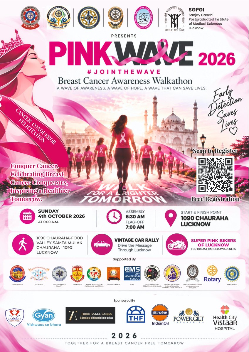 BreastSurgeonGA's tweet photo. Inviting Lucknow to #Jointhewave
#Pinkwave
Sunday 04th October 2026
1090 crossing
Walk
#Vintagecars
#Superbikes rally for
#BreastCancerAwarenessMonth
join in pink attire
Register early, arrive early, claim you #PinkCap #PinkScarf (first come first served!) https://t.co/DFpeotdXRO